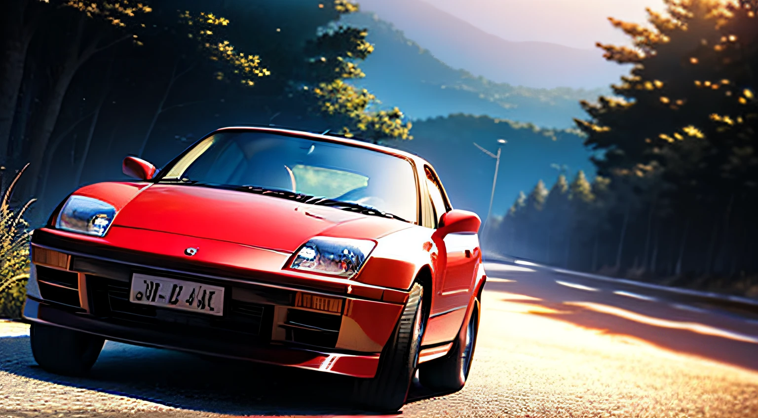 A 2001 ruby red Toyota MR2 sports car, captured in high-resolution cartoon style, set against an artful Japanese sun background, boasting hyper-realistic elements.