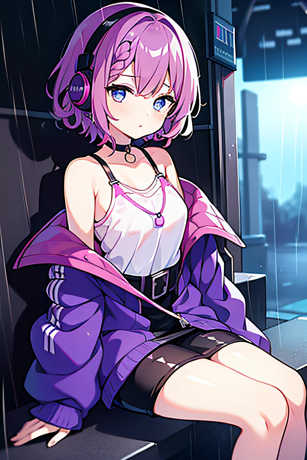 masterpiece, best quality, 1girl, short hair, (shoulder-length hair), (purple hair), curly hair, side braid, blue eyes, sharp eyes, expressionless, pink off shoulder blouse, black pants, many piercings, in the corner of an alley, in the night, ((wearing headphone)), ((with headphone in one's ears)), ((holding a mp3 player)), sitting, ((raining))