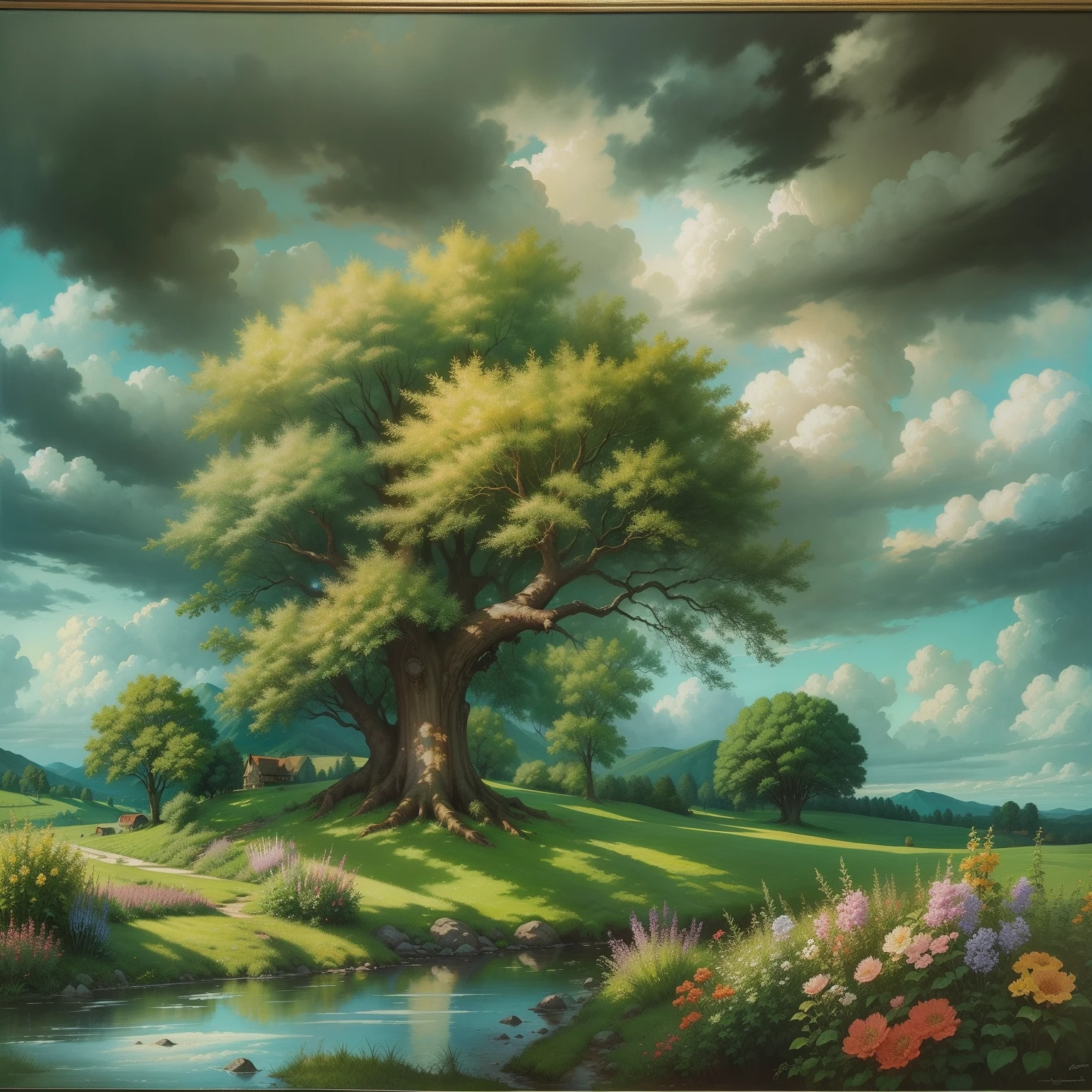 Oil paints,acrycle painting,tmasterpiece,Renaissance style,best qualtiy,idyllic scenery,Lodge,The tree,florals,grassy,Skysky,clouds,ssee-through,