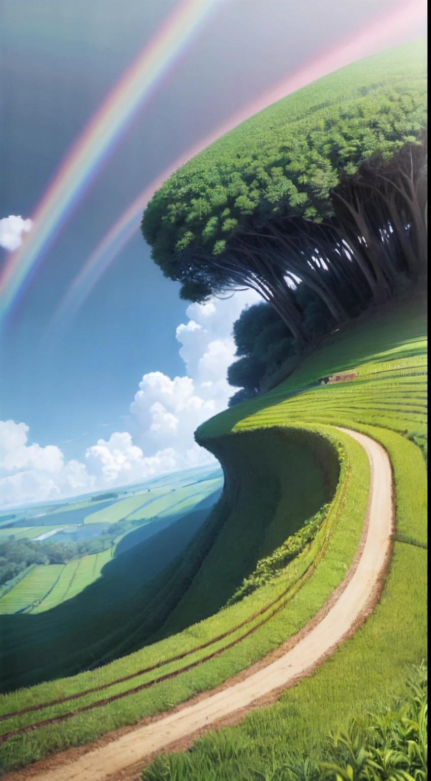 An old farmer carrying a flat burden, walking on the winding path of the countryside, big clouds, blue sky, rice fields, neat rice seedlings in the field, forest, hillside, secluded, countryside, HD detail, hyper-detail, cinematic, surrealism, soft light, deep field focus bokeh, ray tracing and surrealism. --v6