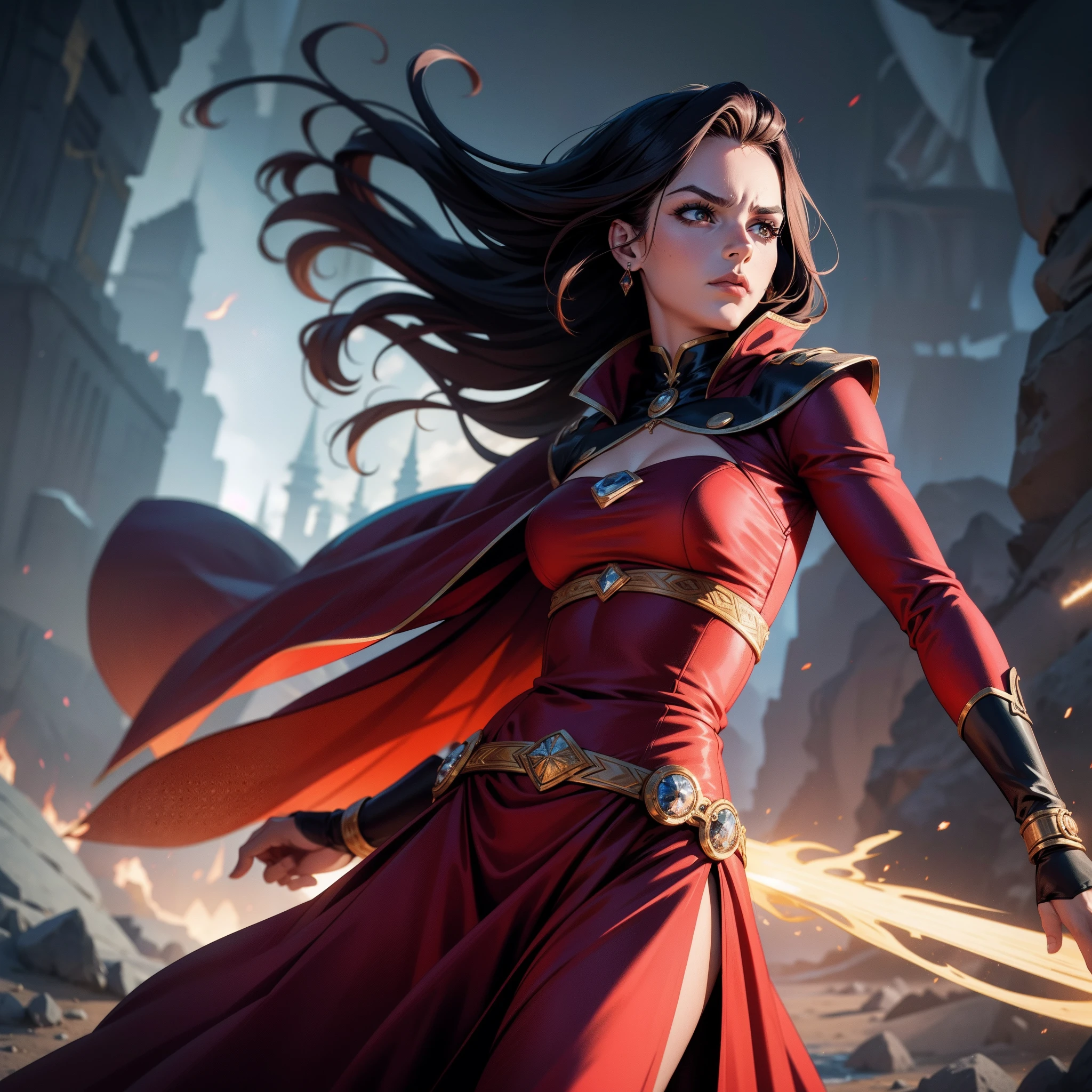 Uma personagem de cabelo alaranjado adulta feminina guerreira segurando uma esfera numa mesa coberta por seda vermelha, Making magic, bruxa, cabelo liso, serious facial expression, capa preta, capuz, brincos elegantes, colar elegante, diadema, extremamente detalhada, 8k, dramatic scene