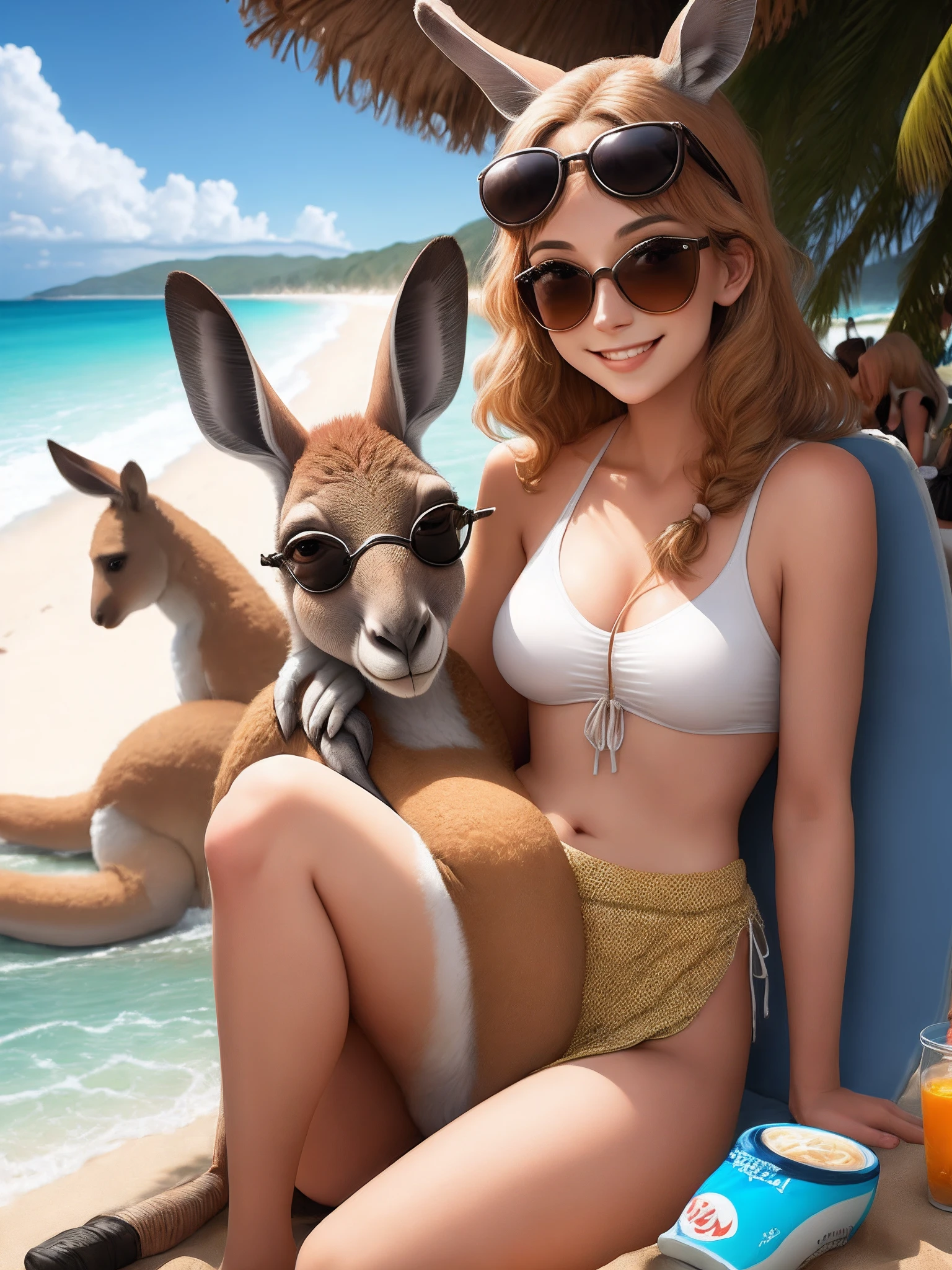 kangaroo wearing sunglasses on the beach with a smile drinking coconut water with several women beside her