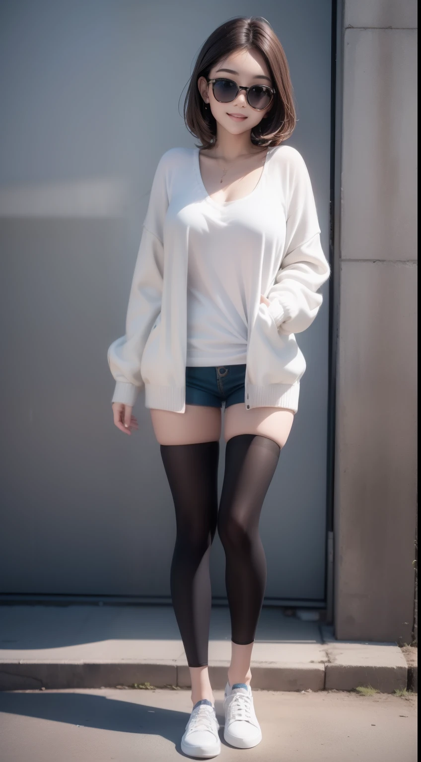 A beautyful girl，18yr old，（Solo：1.2），Sweaters，（Delicate sweater details：1.4），closeup cleavage，realisticlying，（Advanced lighting effects：1.2），（full bodyesbian：1.4），Wearing sunglasses, shorter pants，White cloth shoes，standing on your feet， short detailed hair， photorealestic， photography of， （A high resolution）， （realisticlying：1.4）， （very intricate）， （exquisitedetails）， Original， Extremely detailed 8k wallpaper， best qualtiy， 详细的脸， ultra - detailed， RAW photogr， realisticlying， （thigh gap：1.5），ssmile，exteriors，wheat field，（eventide：1.2），