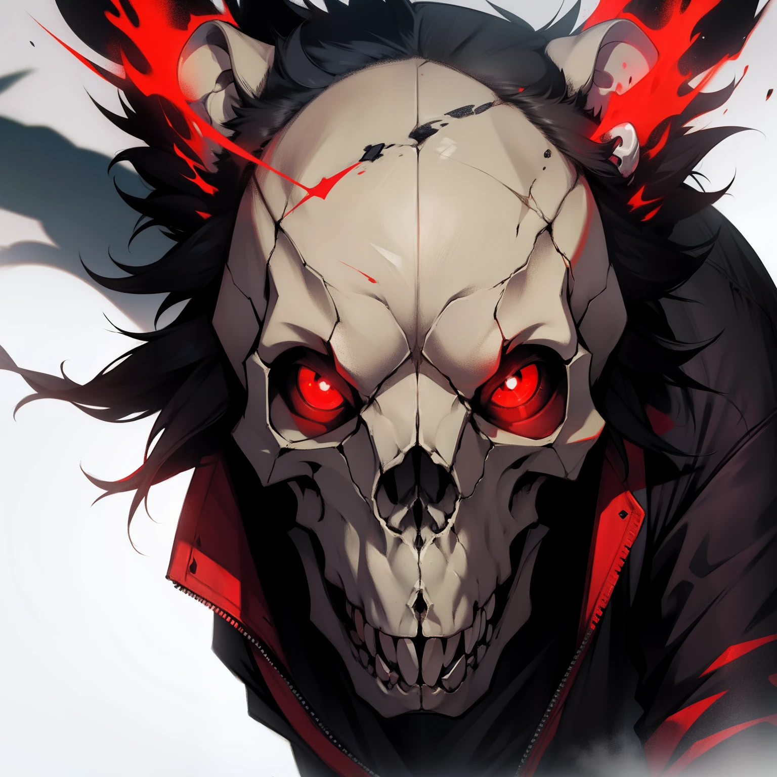 there is a black skull with red eyes and a red stripe, skull liminal void background, minimal black skull warpaint, half skull half face, glowing red skull, half skull face, black and red colors, metal skull with red eyes, monochrome and red color bleed, skull design for a rock band, red eyes and a slim face, horror symmetrical face