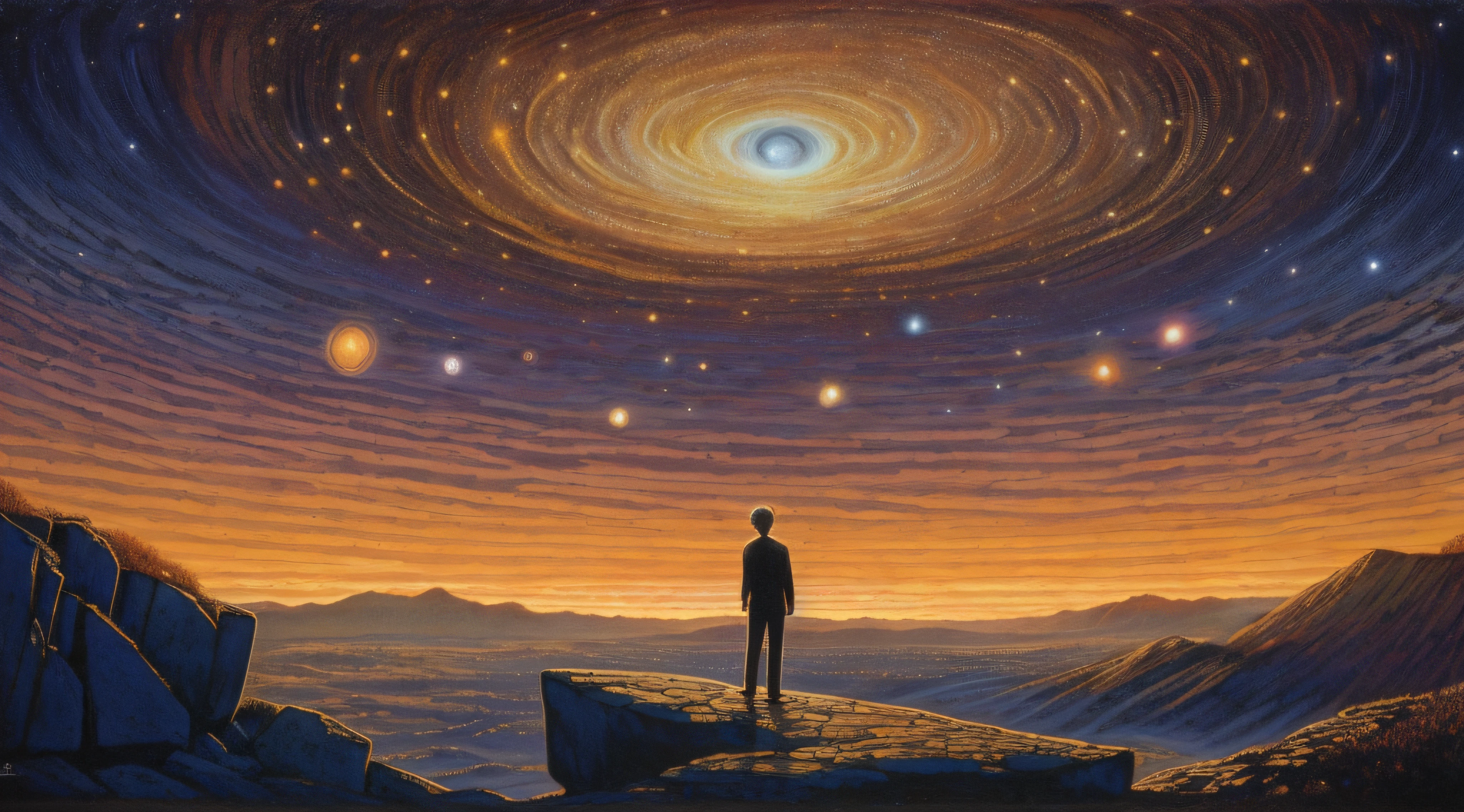 Painting of a man standing on a rock looking at a spiral, Olhando para o cosmos, astral appearance, Portal para outro universo, humanity like cosmic structure, O Multiverso Midjourney, inspirado em Tim White, vasto cosmos, infinite consciousness, Portal do Multiverso, staring into space, visionary painting, portal dimensional, Universos Ascendentes, porta de entrada para outro universo