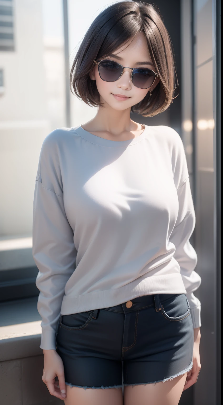 A beautyful girl，18yr old，（Solo：1.2），Sweaters，（Delicate sweater details：1.4），closeup cleavage，realisticlying，（Advanced lighting effects：1.2），（full bodyesbian：1.4），Wearing sunglasses, shorter pants，White cloth shoes，standing on your feet， short detailed hair， photorealestic， photography of， （A high resolution）， （realisticlying：1.4）， （very intricate）， （exquisitedetails）， Original， Extremely detailed 8k wallpaper， best qualtiy， 详细的脸， ultra - detailed， RAW photogr， realisticlying， （thigh gap：1.5），ssmile，exteriors，wheat field，（eventide：1.2），