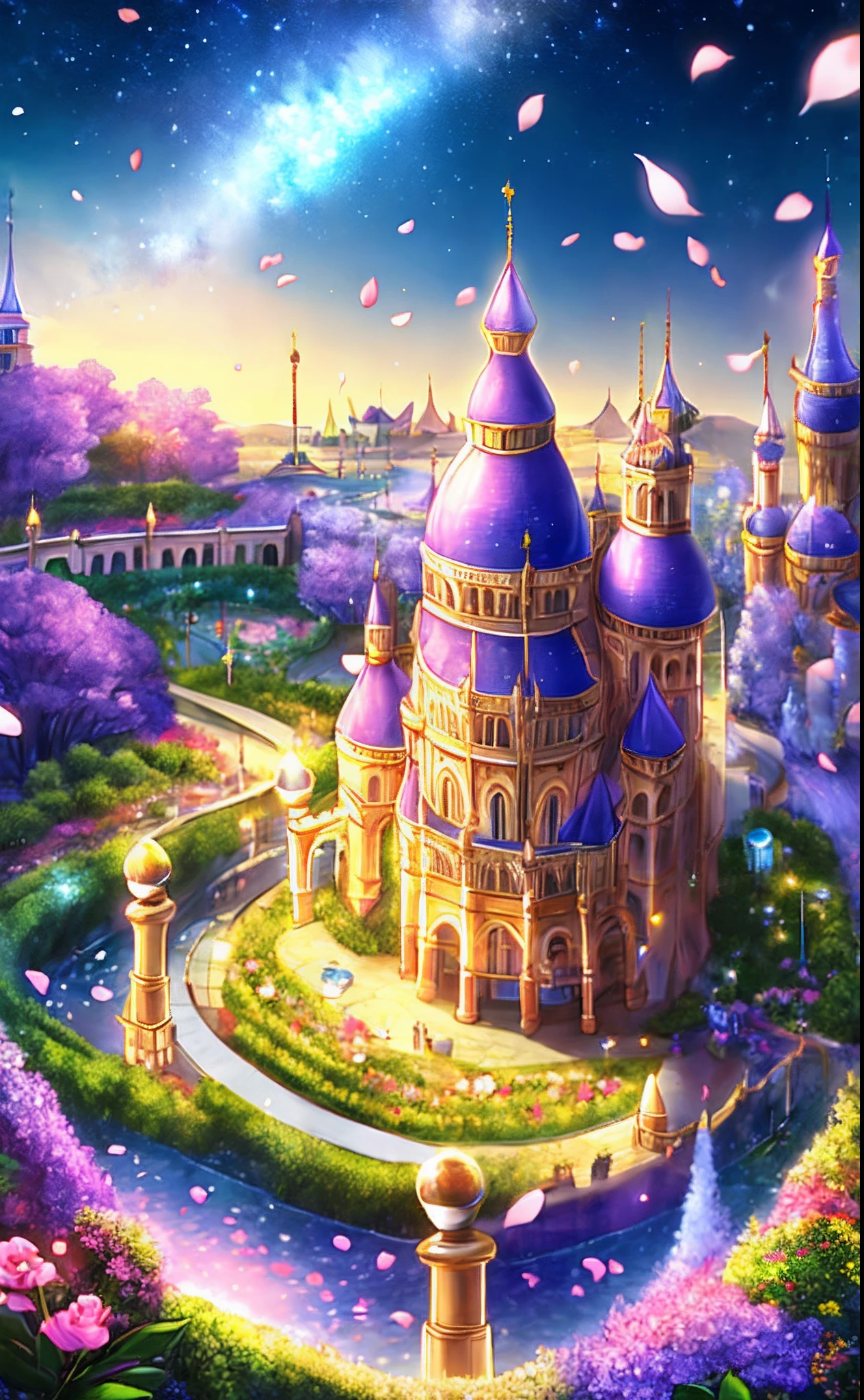 (cor simples, healing scenery, estilo de conto de fadas), lindo e sonhador, (flying petals: 1.2), (beautiful night sky: 1.2), (starry sky garden: 1.3), (maze theme amusement park: 1.2), (61 planejamento especial: 1.2) textura realista, imagem colorida, alta qualidade, lindo castelo  imagem perfeita, com detalhes realista