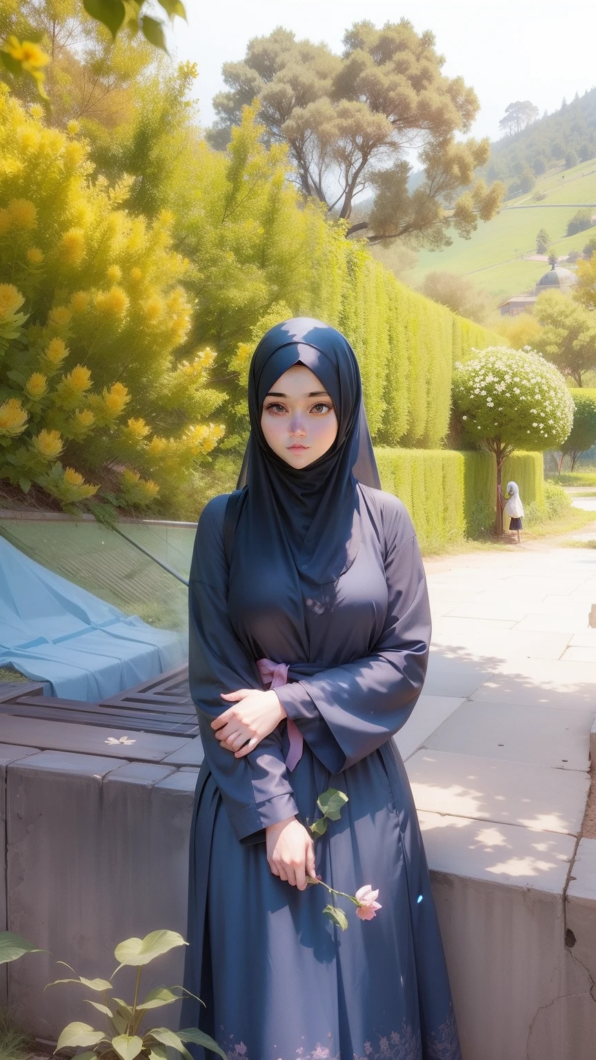 Cute anime girl character with hijab, holding a flower in hand