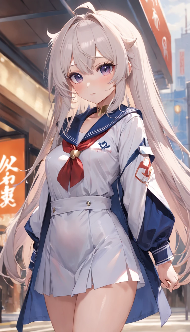 Kizi,femele,a beauty girl,(solo person),Higher quality,Best image quality,ssmile,((whaite hair)),a sailor suit,a black trench coat,athletic sneakers,JK school uniform,denim short,(mid hair),(slanted bangs),(Thigh tie),are standing,(Cross your hands at the waist),stadio,夏天,eventide,genshin impact,Azur route,Radio Woman,Maniac,Secondary disease,pixiv,Exquisite and detailed facial features,(Delicate hair portrayal),Gorgeous Light and Shadows,Ultimate HD facial depiction,4k画质,A masterpiece,Delicate hand description,Clear five fingers,color,(coloured with lots of colour),Detailed picture,Delicate portrayal of facial features,Delicate hair portrayal,{Delicate eye portrayal}, Detailed eyes and face,Delicate hand portrayal,(Gorgeous Light and Shadows),beast ear,(There are horse ears on the head),Golden eyes,Golden pupils,Golden pupils,((Horse Ears)),(Left earrings),Horse Racing Girl,(There is a horse's tail on the back),Extremely delicate details,Fine finger detailing,A4 waist,Cocked buttocks,Childlike big breasts,Beautiful girl with white hair,Horse Racing Girl_Rudolf symbol,FGO_Nero