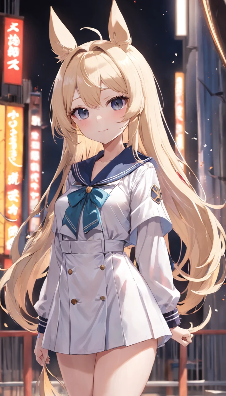 Kizi,femele,a beauty girl,(solo person),Higher quality,Best image quality,ssmile,((whaite hair)),a sailor suit,a black trench coat,athletic sneakers,JK school uniform,denim short,(mid hair),(slanted bangs),(Thigh tie),are standing,(Cross your hands at the waist),stadio,夏天,eventide,genshin impact,Azur route,Radio Woman,Maniac,Secondary disease,pixiv,Exquisite and detailed facial features,(Delicate hair portrayal),Gorgeous Light and Shadows,Ultimate HD facial depiction,4k画质,A masterpiece,Delicate hand description,Clear five fingers,color,(coloured with lots of colour),Detailed picture,Delicate portrayal of facial features,Delicate hair portrayal,{Delicate eye portrayal}, Detailed eyes and face,Delicate hand portrayal,(Gorgeous Light and Shadows),beast ear,(There are horse ears on the head),Golden eyes,Golden pupils,Golden pupils,((Horse Ears)),(Left earrings),Horse Racing Girl,(There is a horse's tail on the back),Extremely delicate details,Fine finger detailing,A4 waist,Cocked buttocks,Childlike big breasts,Beautiful girl with white hair,Horse Racing Girl_Rudolf symbol,FGO_Nero