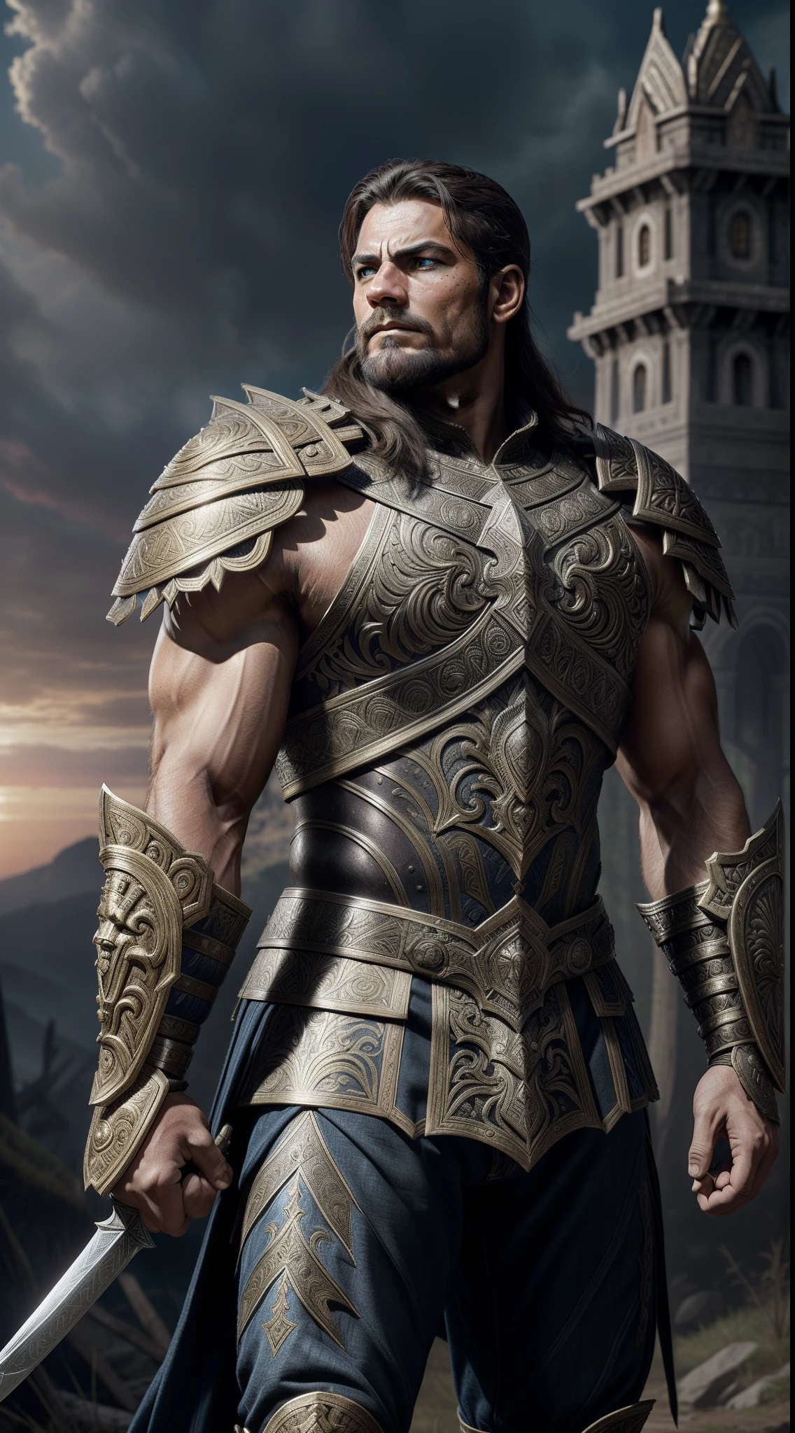 An awe-inspiring depiction of a mighty warrior clad in intricately detailed armor that exudes an air of power and strength. The warrior stands tall and proud, gripping his legendary sword with a firm grasp. The armor is a masterpiece of craftsmanship, featuring ornate engravings and intricate patterns that reflect his status as a legendary hero. A majestic eagle perches on the warrior's outstretched hand, its keen eyes surveying the battlefield. The art style takes inspiration from the works of Frank Frazetta, capturing the epic essence of heroic fantasy. The camera angle is a heroic front view, emphasizing the warrior's commanding presence. The render style is highly detailed, showcasing every nuance of the armor and the warrior's expression. The image is created in breathtaking 64K UHD resolution, allowing for unparalleled levels of detail and realism, (((masterpiece))), (high res), (highly detailed face), (sharp focus: 1.5), (intricate), (detailed skin)