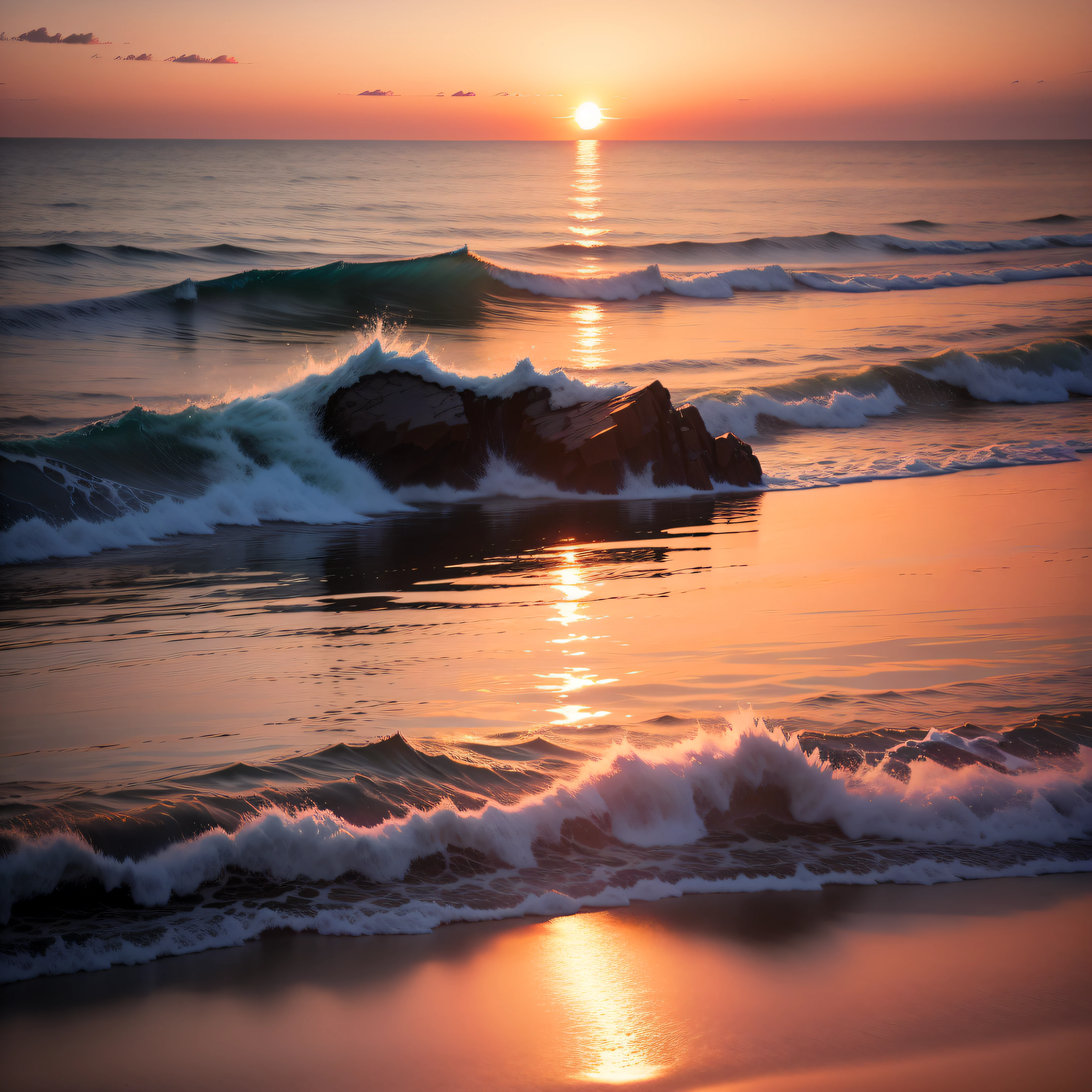 Sunsets or sunrises over calm oceans, casting vibrant hues across the sky.