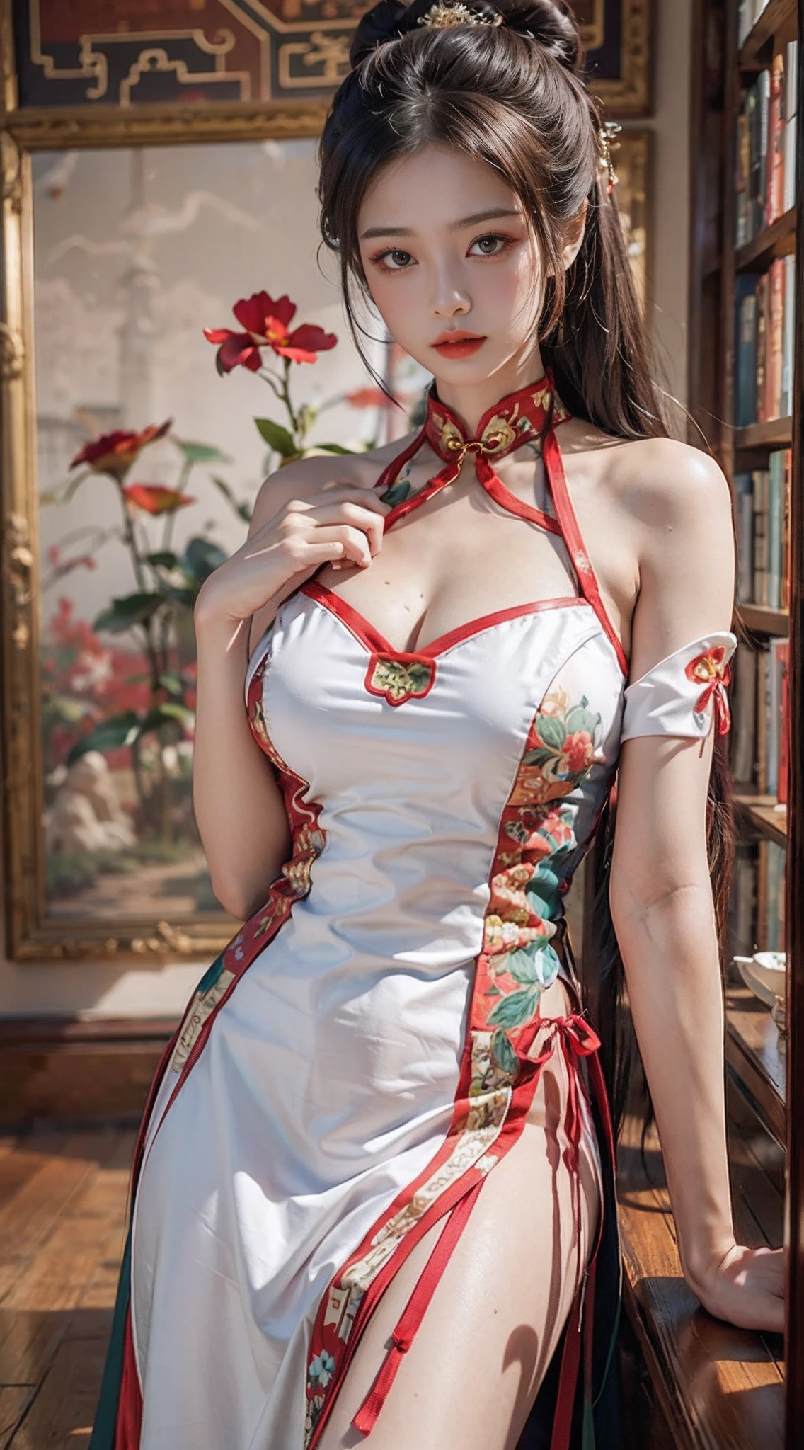 (From the outside) , many color,Best quality at best,tmasterpiece,photograph of-realistic,Complicated details,RAW photogr,Court,Gorgeous cheongsam,Extra-long hair,cropped shoulders,delicated face,Expose cleavage,decorations,Perfect Finger,Dissection is correct,(Huge room,0.8)