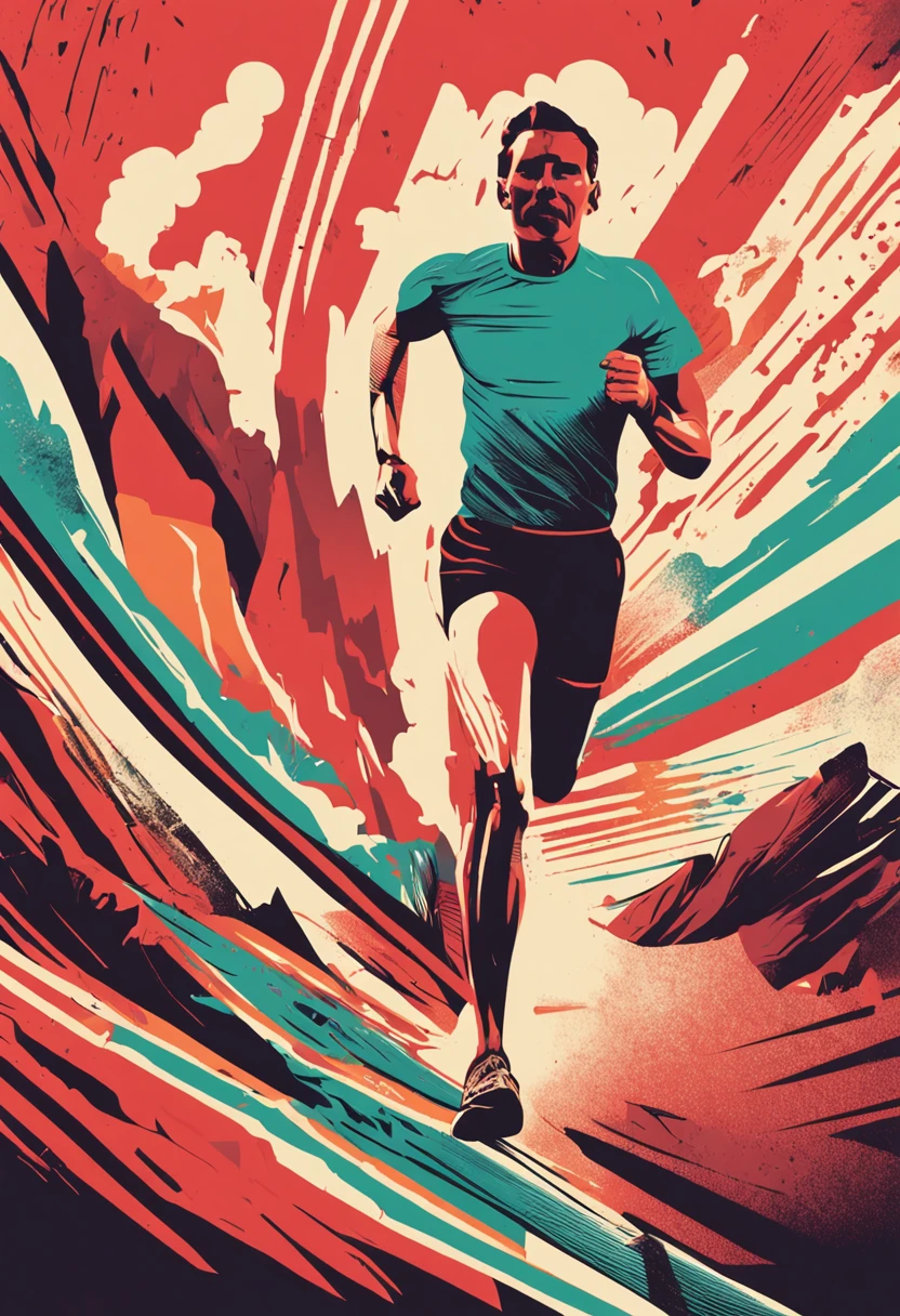 Retro style multicolored poster, cartaz estilo russo, 4k ultradefinição, maratonista trail runner de corpo inteiro, perfect hands