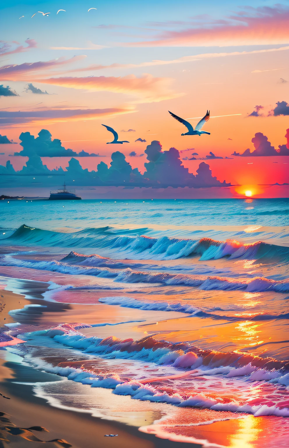 An absolutely mesmerizing sunset on the beach, with a mix of orange, pink, and yellow in the sky. The water is crystal clear, gently kisses the coast, and the white sand is endless. The scene is dynamic and breathtaking, with seagulls soaring high in the sky and palm trees swaying softly. Immerse yourself in the calm atmosphere and let the serenity surround you.