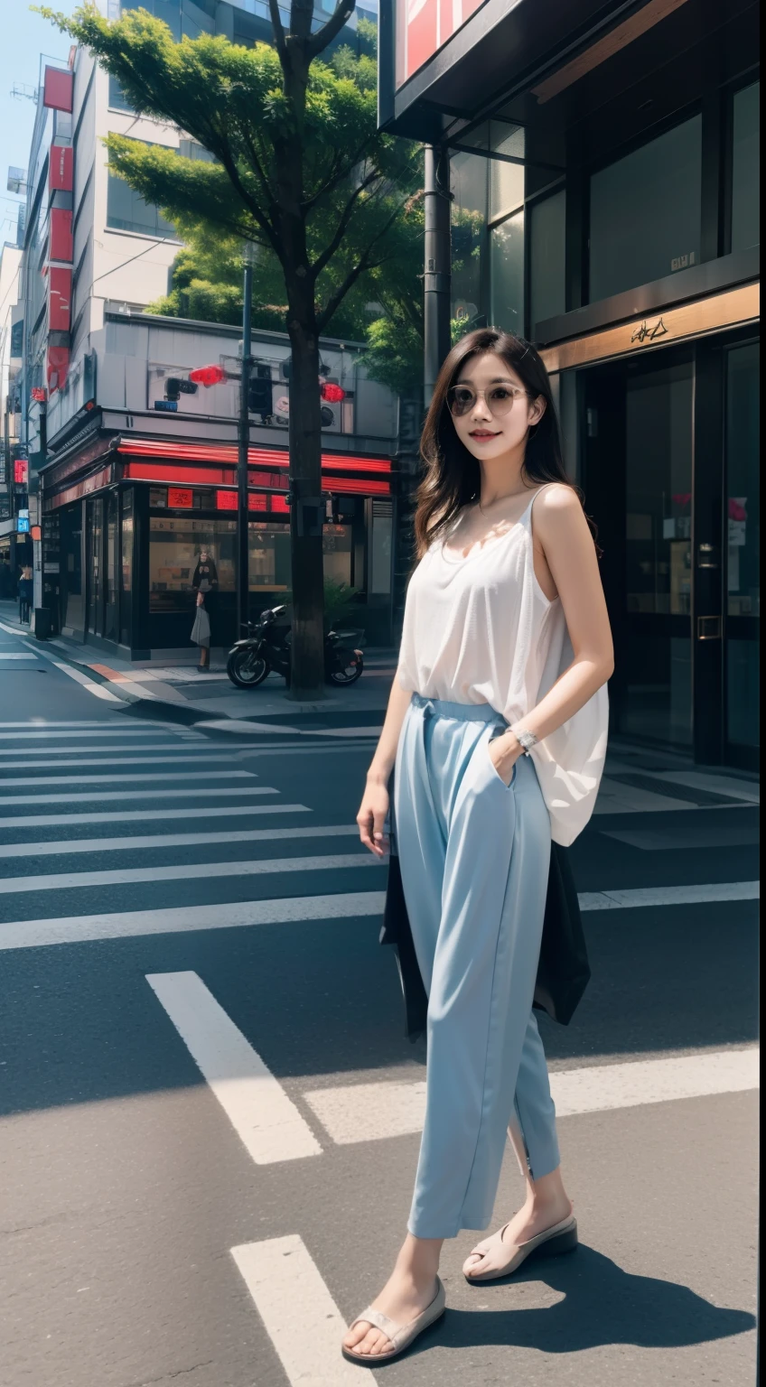 8K,RAW photo,Best quality,Masterpiece,(Realistic,photo-realistic:1.37),(view the viewer:1.331),posing on a,Tokyo Street,1girll,Wearing sunglasses,Moyou,