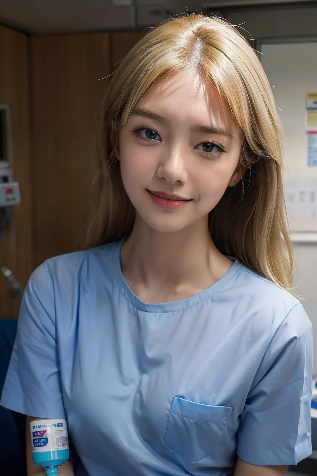 a smile、cute little、Woman in light blue shirt、surgeon, holding syringe,laugh、nurse girl, in 8K, healthcare worker, Surgery IV, Nurse,, Hospital room、hyper realstic, (doctor)、((blondehair))、Highly detailed facial and skin texture、A detailed eye、二重まぶた、laugh((top-quality、8K、masterpiece:1.3)