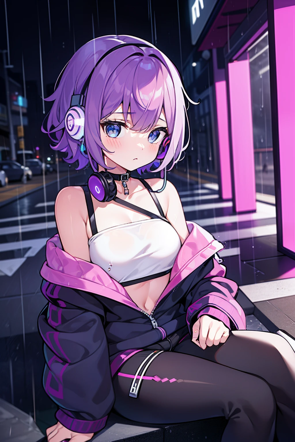 A girl dancing with lust　Nipple Emphasis　Nipple erection　(((Breast_milk_from_nipple)))　((small_breasts))　one_girl solo　front_view　1 girl,Oversized hoodies、headphones、Shortcut Hair,deep_purple_hair_color calm　Hall々A serious expression　Black Costume　Belt on torso　(((wall_paper)))　(TV anime image format)　(TV anime screenshots)