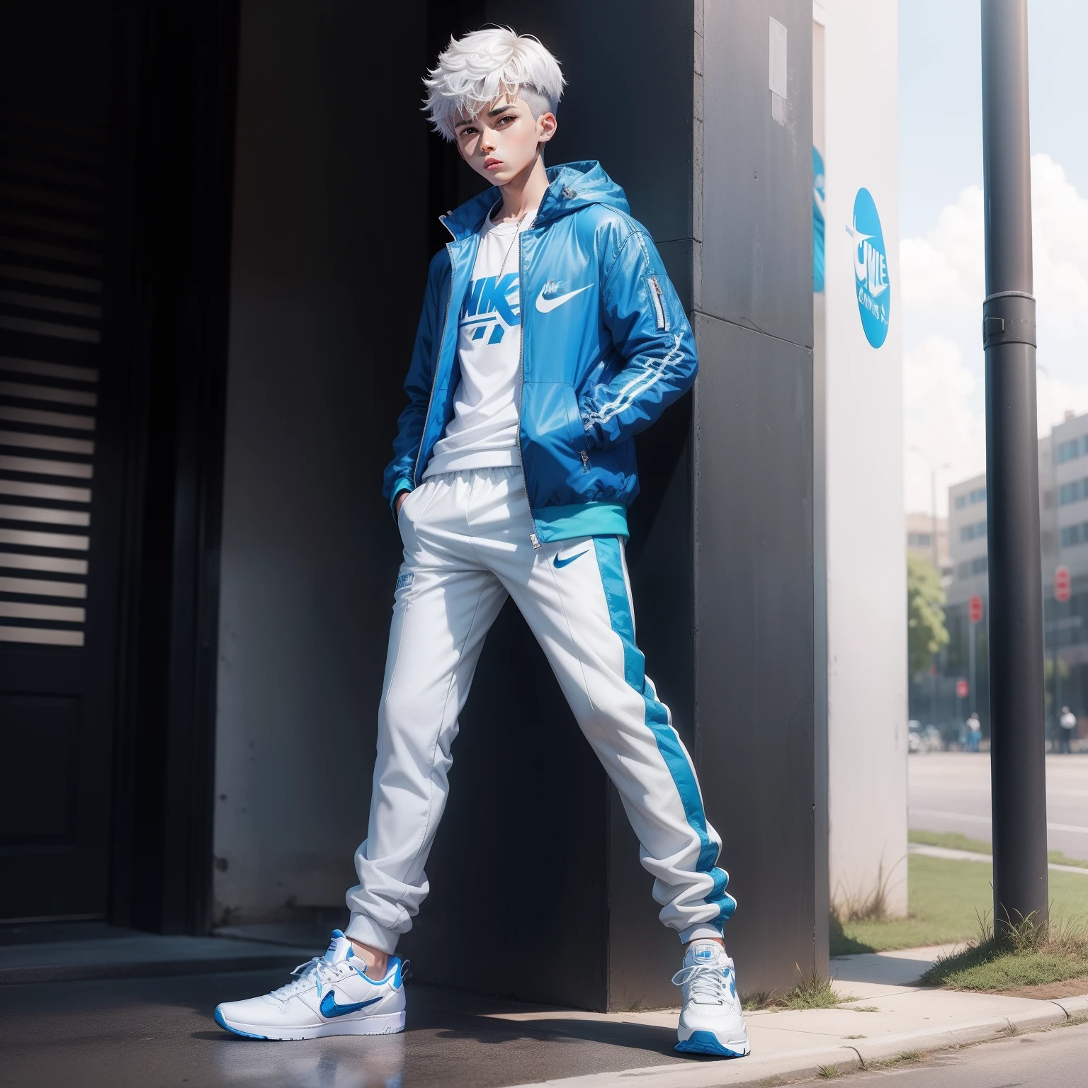 Anime boy clothes white colour long jacket and blue pant and Nike shoes background is realistic full picture and stand