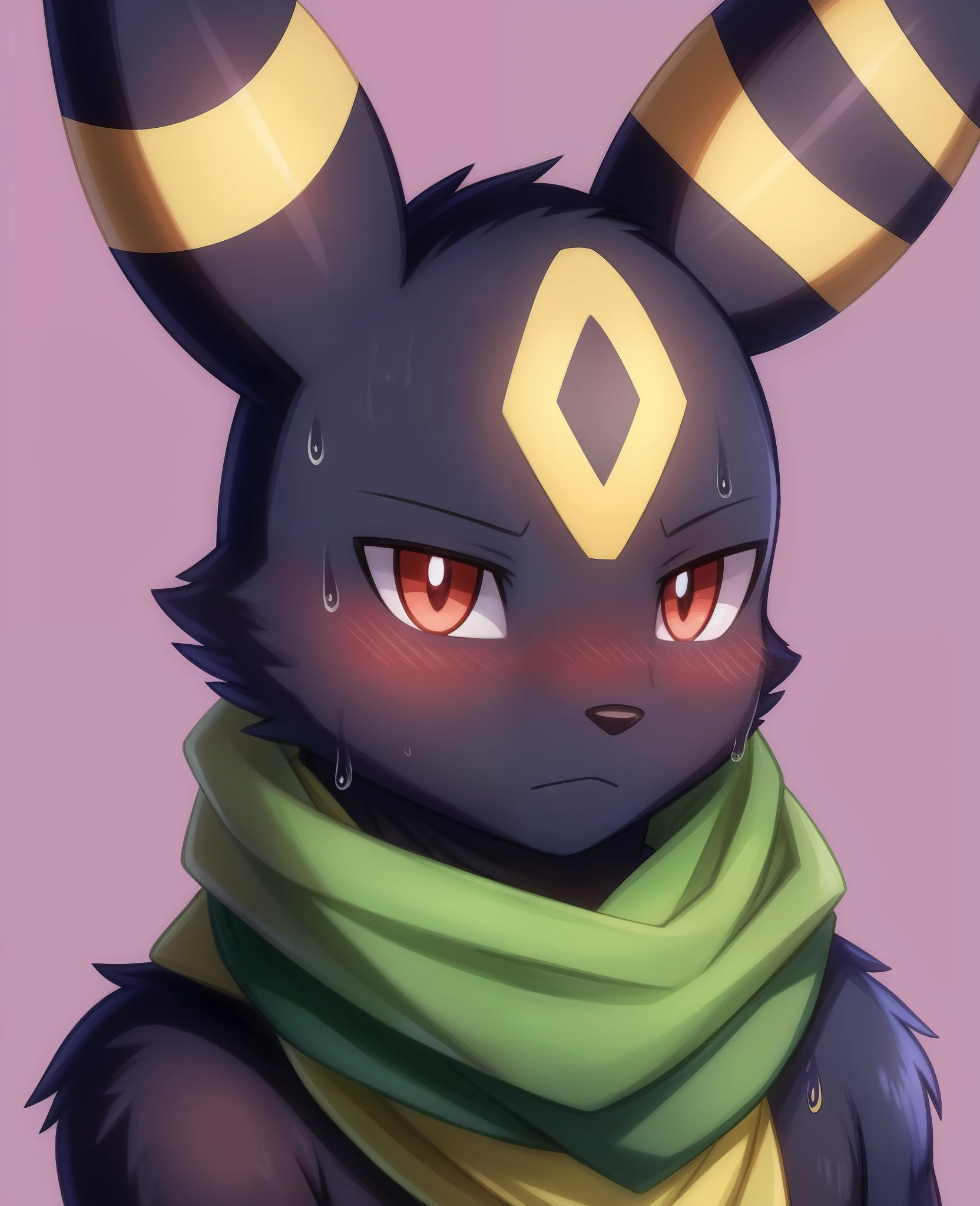 titallulah
nintendo pokemon
eeveelution generation_2_pokemon pokemon_(species) umbreon
headshot_portrait hi_res portrait
awkward blush bodily_fluids ear_blush ears_down feral male pivoted_ears scarf shy solo sweat sweatdrop