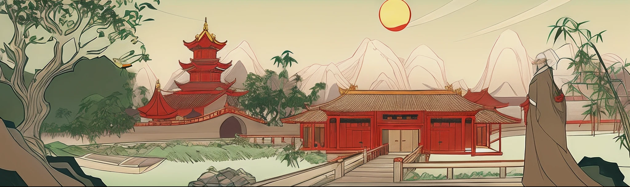 A robed man，Red Wall，bamboo forrest，green trees，Far Mountain，Sun，rivulets，flod，lakes，Botanical painting of Chinese garden with pagodas and bridges, anime city lineart, arte de fundo, Chinese village, background depicting a temple, outline art, scenery art detailed, random background scene, 2d game lineart behance hd, 2d game lineart behance hd, stylized linework, background artwork, Temple background, inspired by Hiroshige