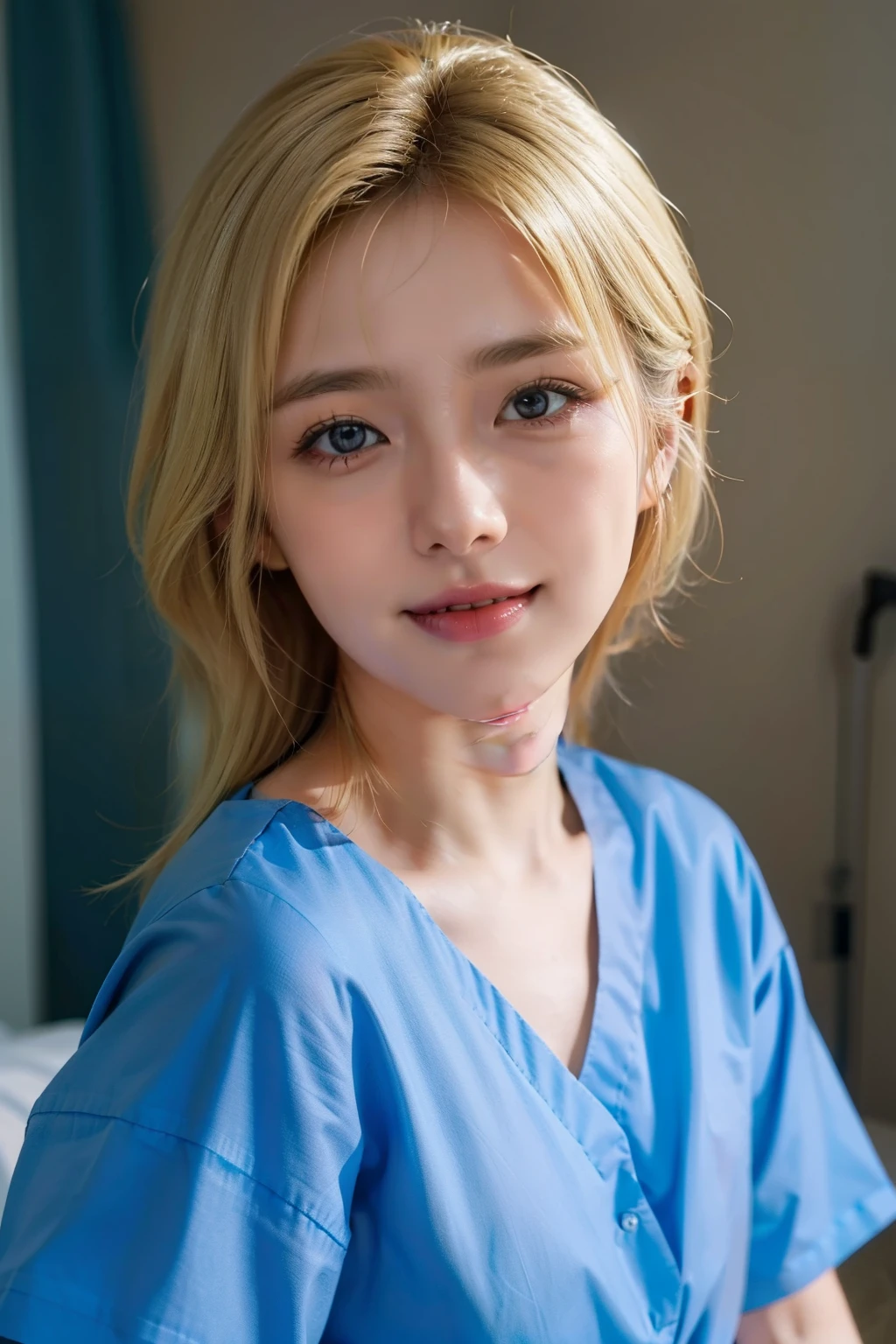 a smile、cute little、Woman in light blue shirt、surgeon, holding syringe,laugh、nurse girl, in 8K, healthcare worker, Surgery IV, Nurse,, Hospital room、hyper realstic, (doctor)、((blondehair))、Highly detailed facial and skin texture、A detailed eye、二重まぶた、laugh((top-quality、8K、​masterpiece：1.3)