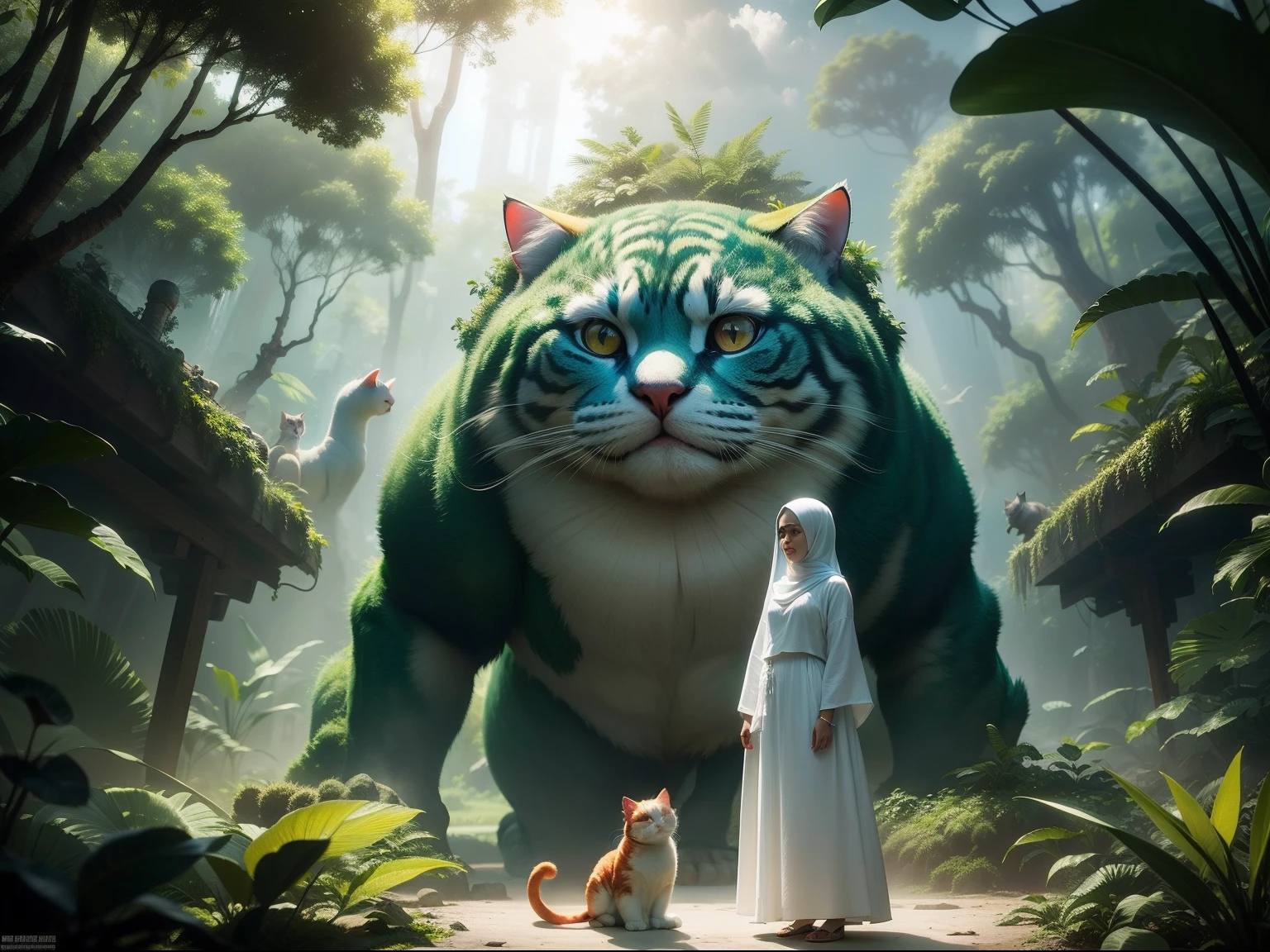 Cute malay girl in hijab and wearing white baju kurung with 1 extra large red frog and 1 extra large white fluffy cat behind her, green fantasy jungle background, high quality, ultra detail, cinematic lighting, movie poster, imagination,