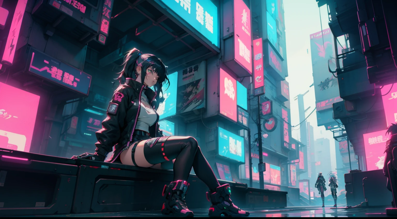 Anime girl sitting on shelf in futuristic city with neon lights, Digital Cyberpunk Anime Art, anime cyberpunk art, digital cyberpunk - anime art, cyberpunk anime art, female cyberpunk anime girl, Cyberpunk Anime Girl, Cyberpunk anime girl mecha, modern cyberpunk anime, cyberpunk art style, anime cyberpunk, dreamy cyberpunk girl, cyberpunk themed art, Cyberpunk Girl, in the cyberpunk city