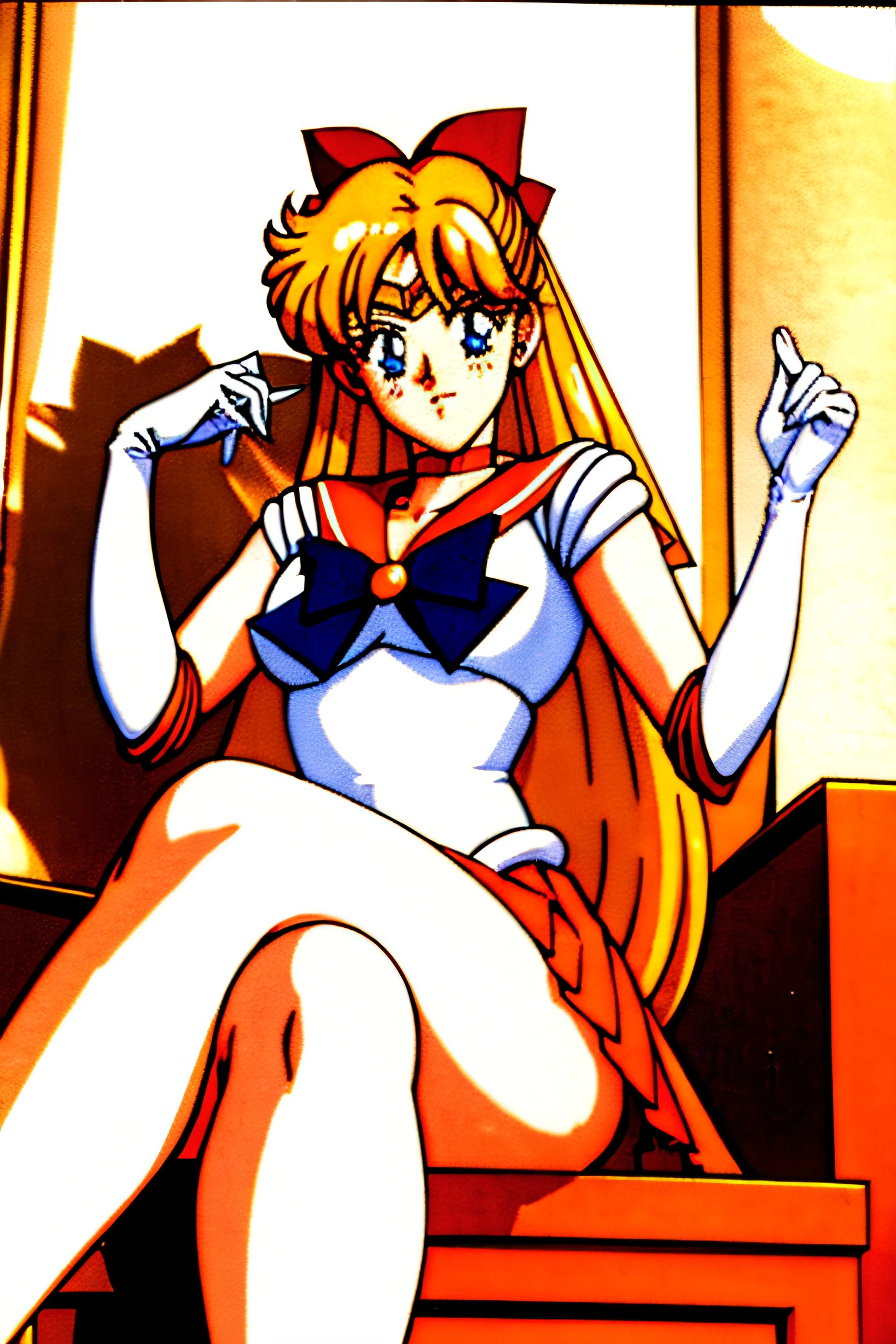 masterpiece, best quality, absurdres, perfect antomy, 1girl, solo, SMMoon, 1990s \(style\), blonde sailor moon, sailor senshi uniform, sailor collar, blue skirt, elbow gloves, ultra mini skirt , ( FULL BODY)barefoot, 5 toes, red toe nails, Focus full body, sitting on a chair, tied ankles together,tied arms, 