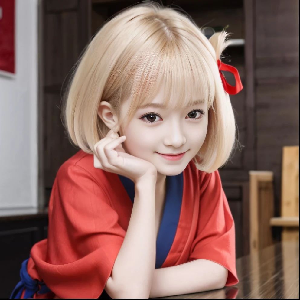 top-quality, 8K, ultra-detailliert, red eyes, Mature Face, Smiling, Blonde girl sitting at counter in red kimono, Beautie, Red ribbon in hair, Playing the plow, Cute girl visuals, chihiro, shikamimi, Young woman visual, best girl, bob cuts, 17 age