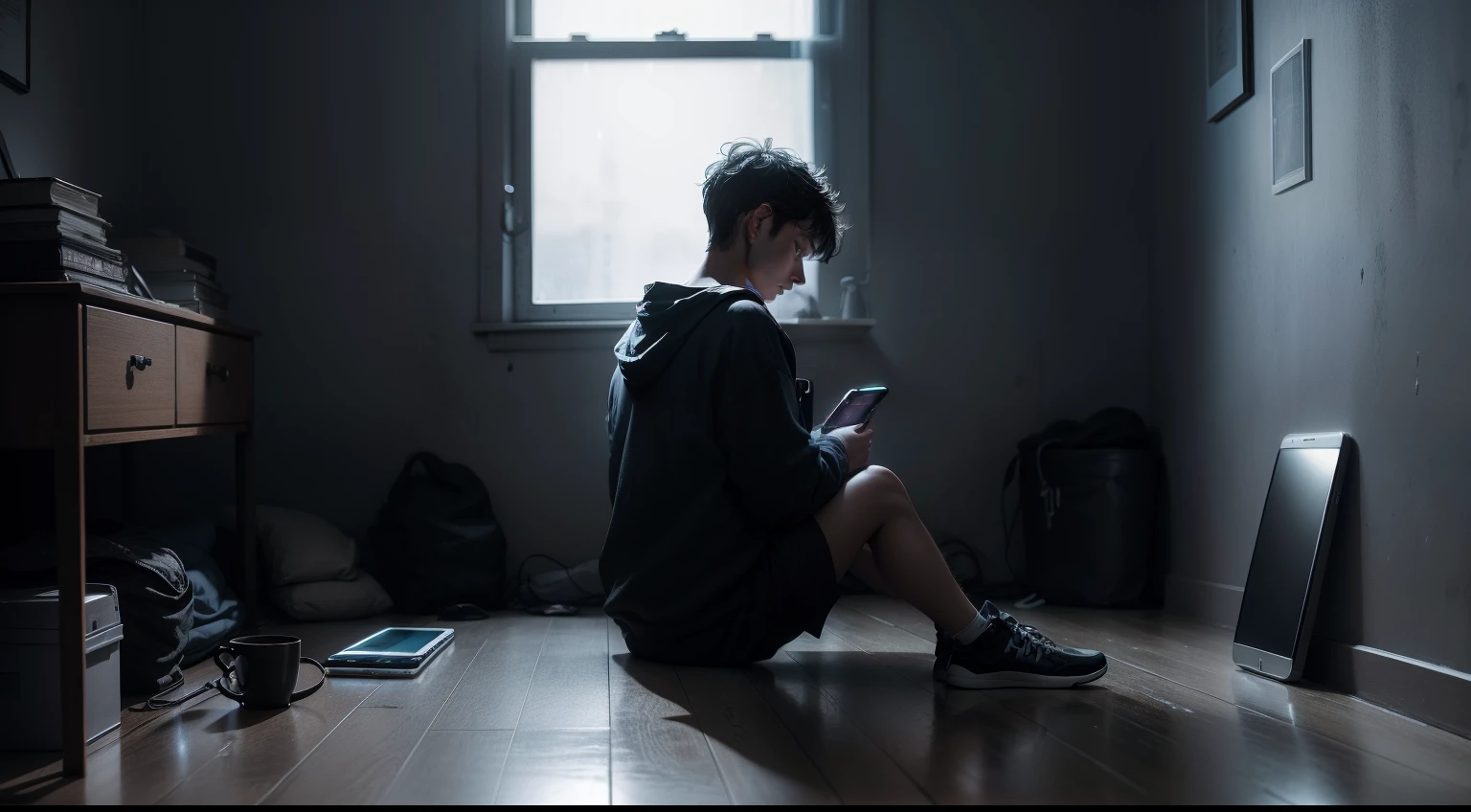 A person sitting on the floor in a dark, depressive-looking and sad room with a cell phone in his hand in technology, 4k Ultra HD, realista.