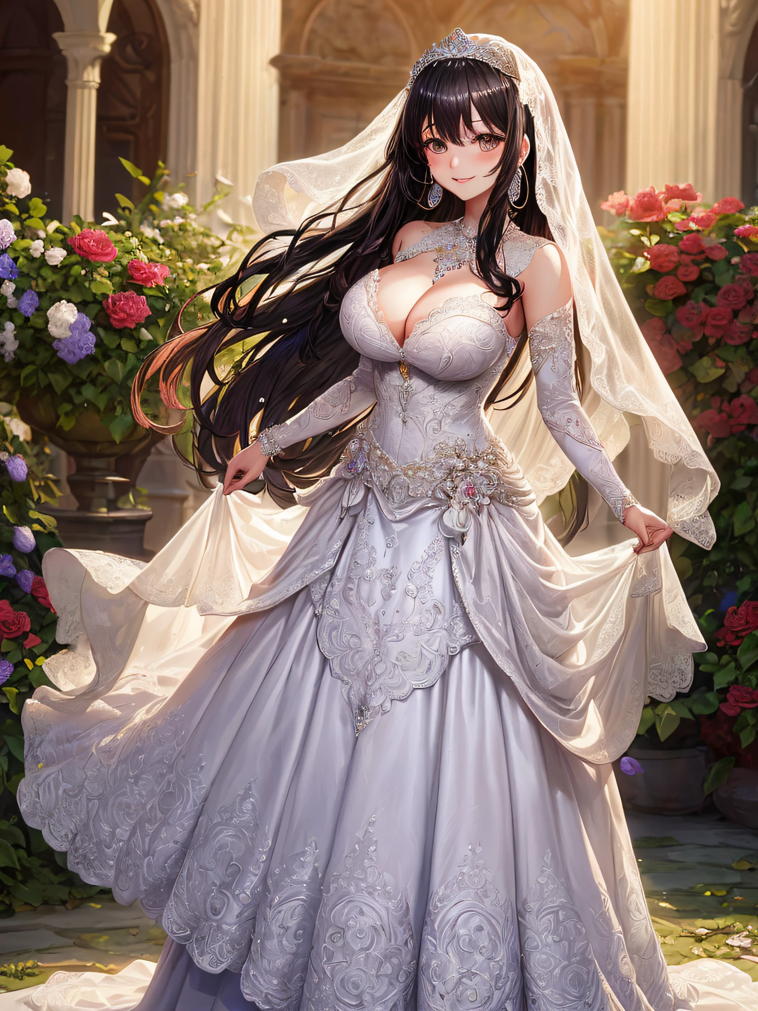 (masterpiece, best quality:1.2),1girl, (solo), cute, kawaii,digital art,((1 princess wearing beautiful embroidery and jeweled gorgeous wedding dress with voluminous full length hoop skirt)),crinoline,((gorgeous embroidery and beautiful lace)),(very gigantic boobs,cleavage,skindentation),((shiny hair,Bangs between eyes,voluminous straight hair,extremely Long straight Hair)),(finely detailed face and eye),smile,extremely gorgeousfull jeweled tiara,((bling-bling gorgeous gemstone jewelry)),long wedding veil,((standing in beautiful garden)),flowers,flower petals flowing,((beautiful embroidery and jeweled gorgeous wedding dress with voluminous full length hoop skirt))