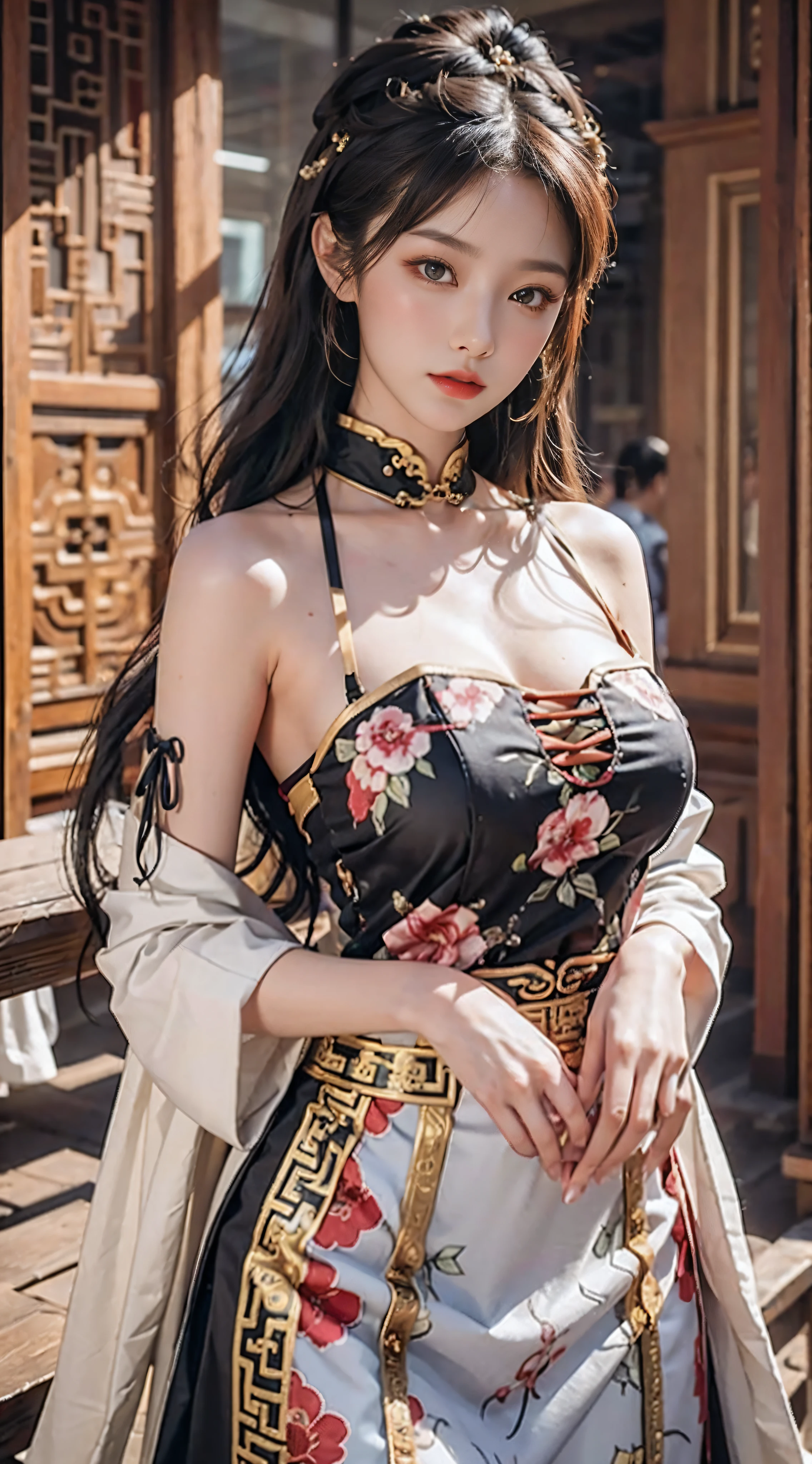 realistic,  High resolution,  Hanfu、ancient chinese costume、whole body、soft light, 1 female,  alone, highly detailed eyes and face, detailed and beautiful eyes, hip up,  dynamic pose,sexual pleasure、ecstasy、beautiful thighs、exposing chest、I can see the nipples、 Nipple botch、 glowing skin、looking at the viewer、Eyes that invite the viewer,sexy