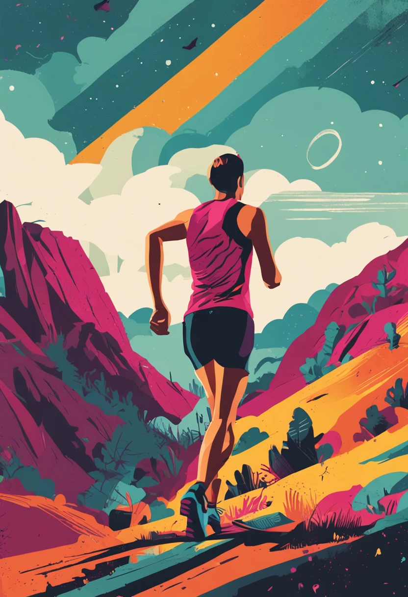 Retro style multicolored poster, cartaz estilo russo, 4k ultradefinição, maratonista trail runner de corpo inteiro, perfect hands