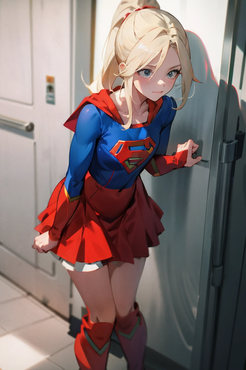 1 pregnant woman wearing a supergirl costume dress,1 girl is taking to lavatory,looks away,are standing,embarressed,Be red in the face,Keep one's mouth shut,street corner(girl is peeing self:0.4),Riding boots