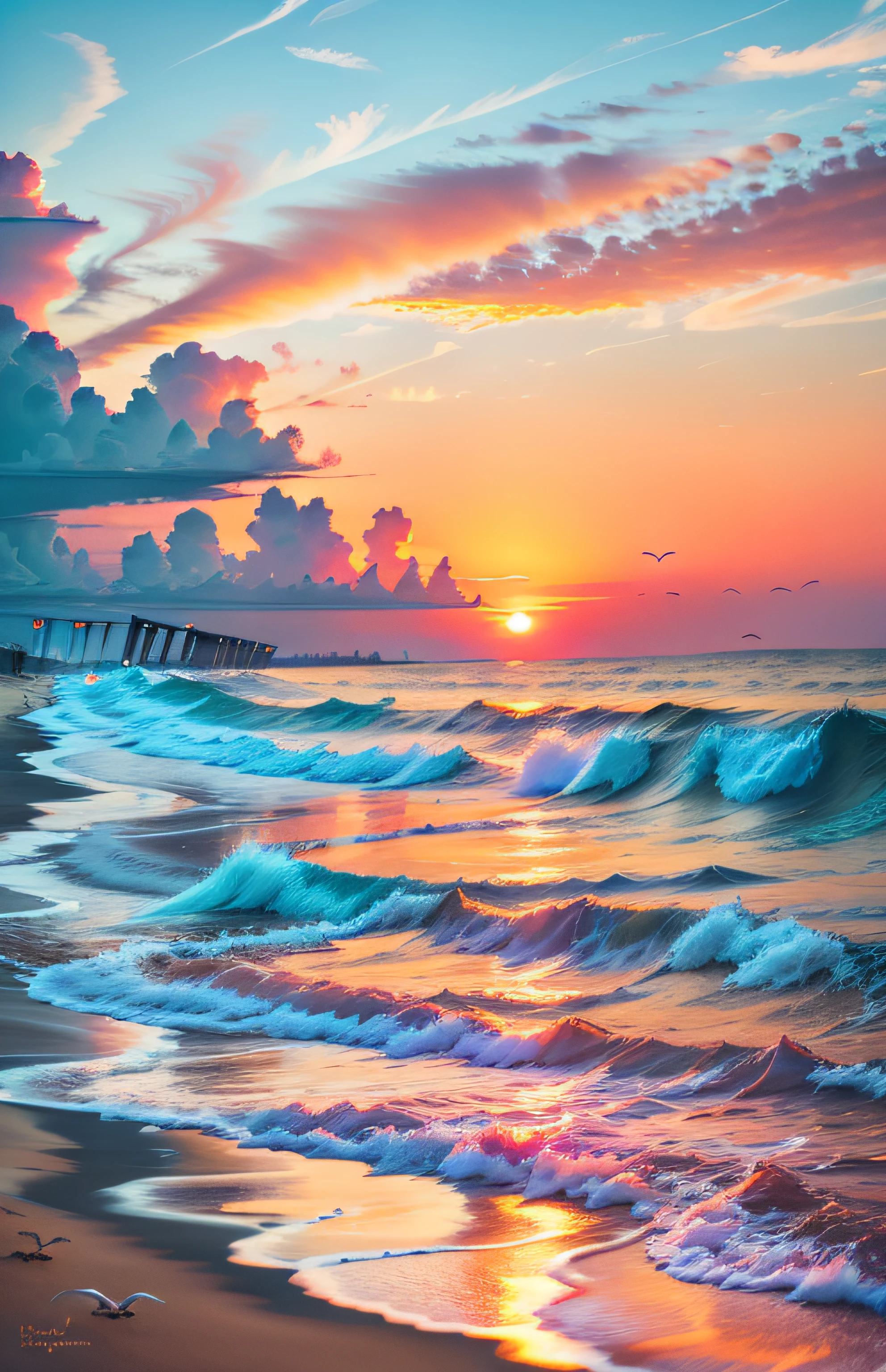 An absolutely mesmerizing sunset on the beach, with a mix of orange, pink, and yellow in the sky. The water is crystal clear, gently kisses the coast, and the white sand is endless. The scene is dynamic and breathtaking, with seagulls soaring high in the sky and palm trees swaying softly. Immerse yourself in the calm atmosphere and let the serenity surround you.