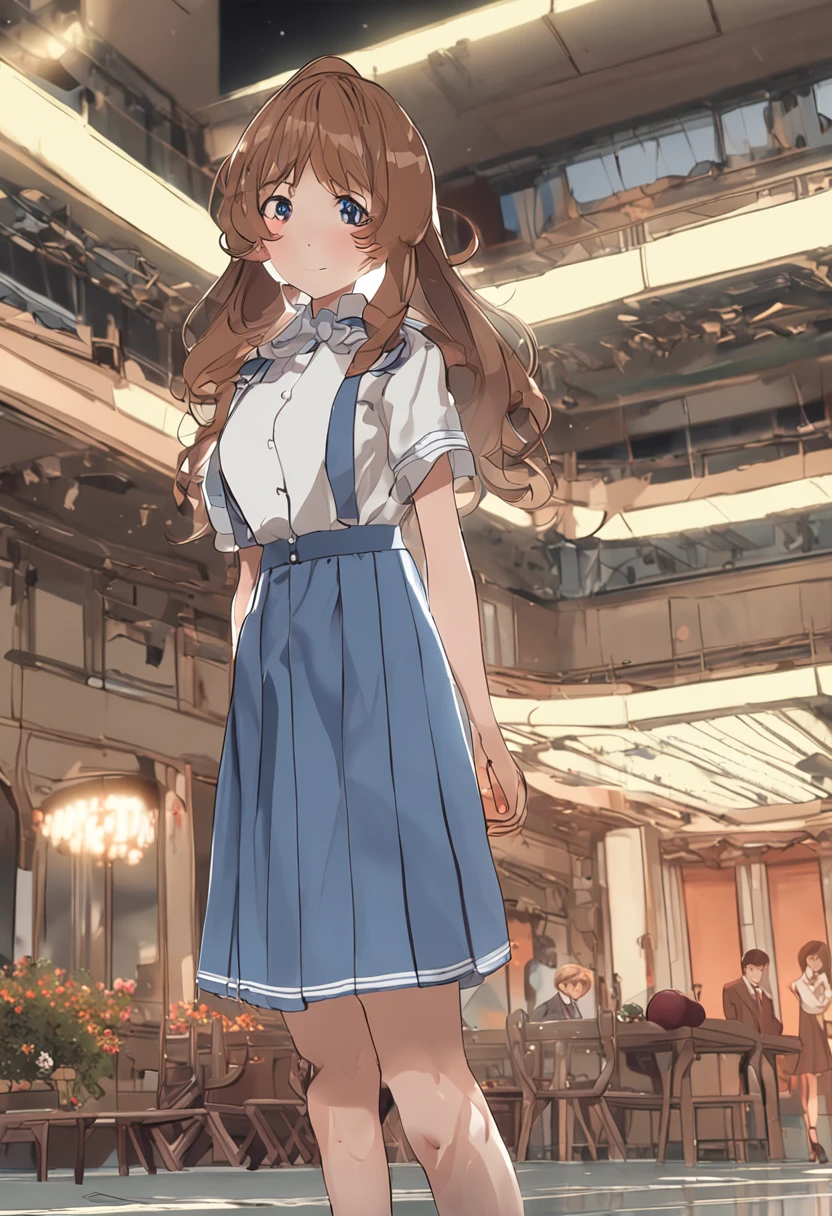 32K 8K hdr uhd masterpiece best quality professional highly detailed,a 1girl, brown hair,perfect appearance, well-dressed face, supremely beautiful, slender,flat chest,khaki hair, swept bangs, long hair, wavy hair, extra-long sideburns,school uniform,full-length,round face,
