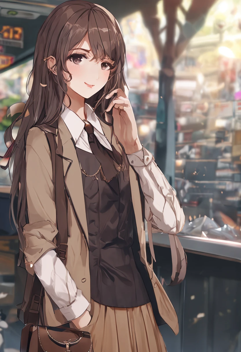 32K 8K hdr uhd masterpiece best quality professional highly detailed,a 1girl, brown hair,perfect appearance, well-dressed face, supremely beautiful, slender,flat chest,khaki hair, swept bangs, long hair, wavy hair, extra-long sideburns,school uniform,full-length,round face,