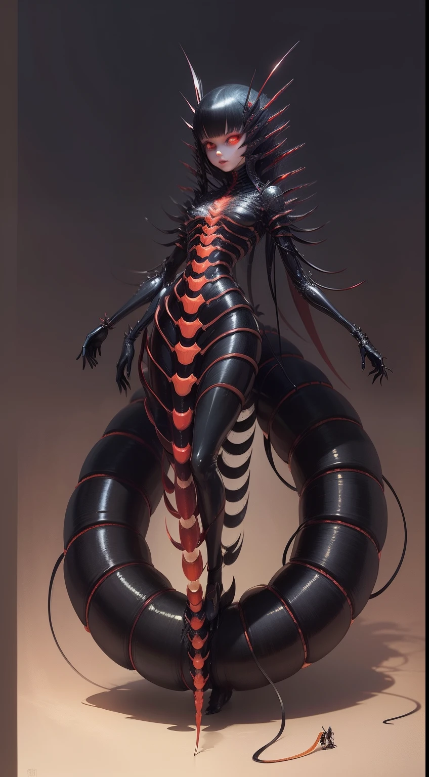 Illustration of a centipede、A human figure that combines creepiness and beauty、The mysterious fusion of man and centipede、fullllbody、(femele | Centipede)