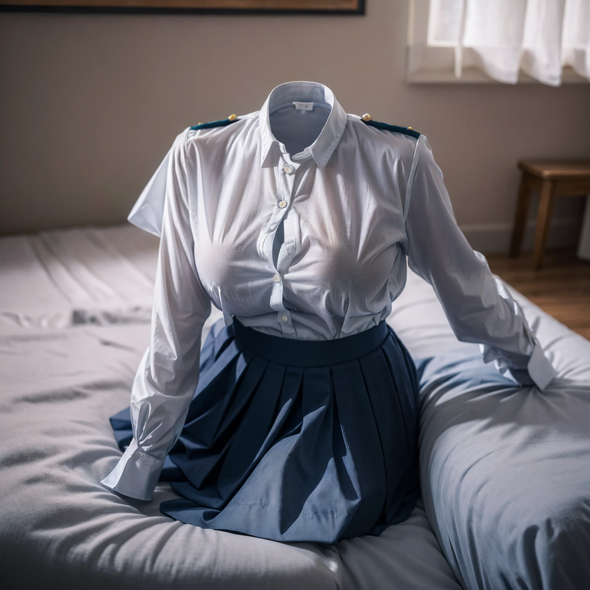 (girls' school blouse:1.7) , (school blouse swells as if worn by invisible girl:1.7),((invisible, no humans:1.7, headless:1.7, handless, legless)), (big breasts:1.9),(on the bed), (pose),
(8k, RAW photo, best quality, masterpiece:1.2), (realistic, photo-realistic:1.37),photon mapping, radiosity, ((Hasselblad photography)),physically-based rendering,