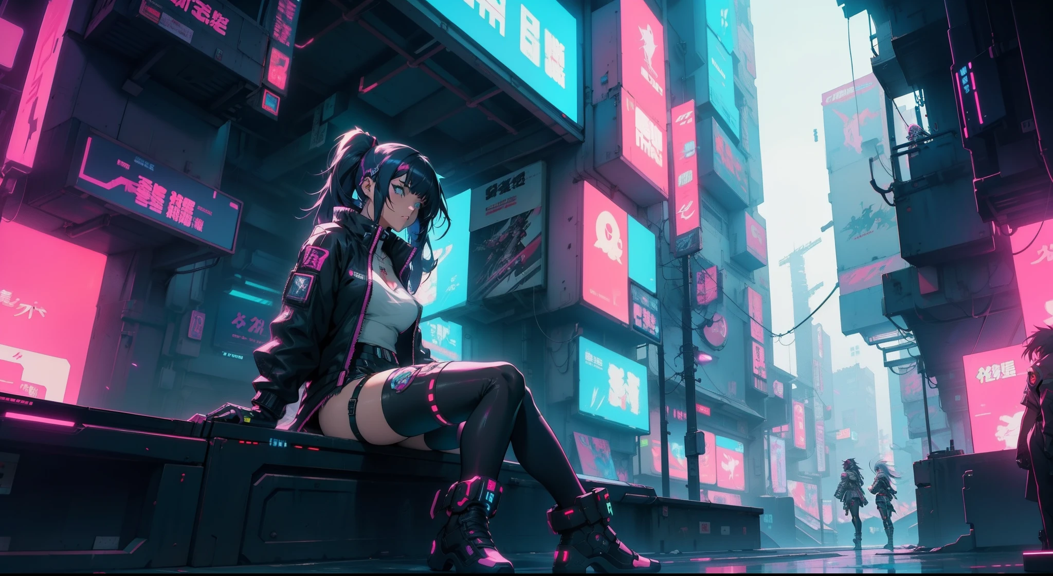Anime girl sitting on shelf in futuristic city with neon lights, Digital Cyberpunk Anime Art, anime cyberpunk art, digital cyberpunk - anime art, cyberpunk anime art, female cyberpunk anime girl, Cyberpunk Anime Girl, Cyberpunk anime girl mecha, modern cyberpunk anime, cyberpunk art style, anime cyberpunk, dreamy cyberpunk girl, cyberpunk themed art, Cyberpunk Girl, in the cyberpunk city