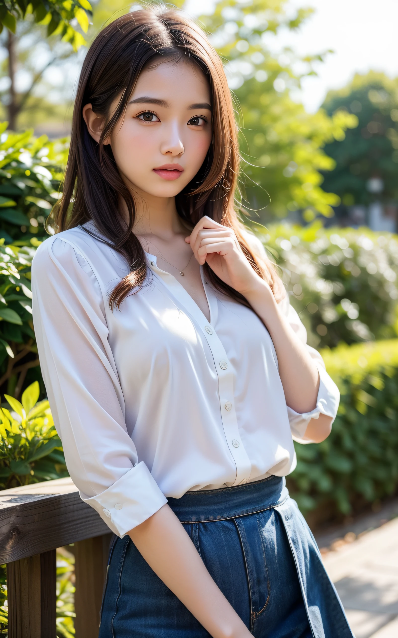 outdoors background, supplement Silk Blouse, skirt, window behind, Delete Close-up,
((Best picture quality, 8K, masterpiece:1.3)), Soft light, 1girl, Beautuful girl、, cute:1.3, brown hair, (Casual hairstyle, :1.2), Ultra-fine face, detailed eyes, A slight smil, Take pictures in cute poses,tiny small waist,Super big breasts,Silk Blouse, skirt, Close-up chest,White-skinned,outdoors background,