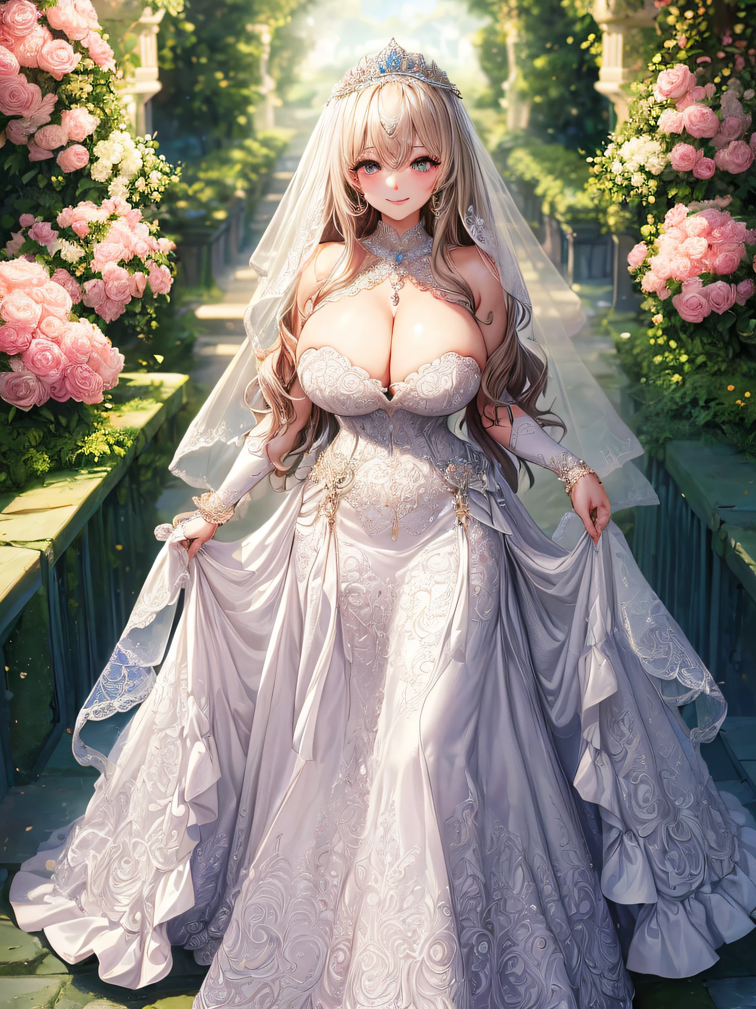(masterpiece, best quality:1.2),1girl, (solo), cute, kawaii,digital art,((1 princess wearing beautiful embroidery and jeweled gorgeous wedding dress with voluminous full length hoop skirt)),crinoline,((gorgeous embroidery and beautiful lace)),(very gigantic boobs,cleavage,skindentation),((shiny hair,Bangs between eyes,voluminous straight hair,extremely Long straight Hair)),(finely detailed face and eye),smile,extremely gorgeousfull jeweled tiara,((bling-bling gorgeous gemstone jewelry)),long wedding veil,((standing in beautiful garden)),flowers,flower petals flowing,((beautiful embroidery and jeweled gorgeous wedding dress with voluminous full length hoop skirt))
