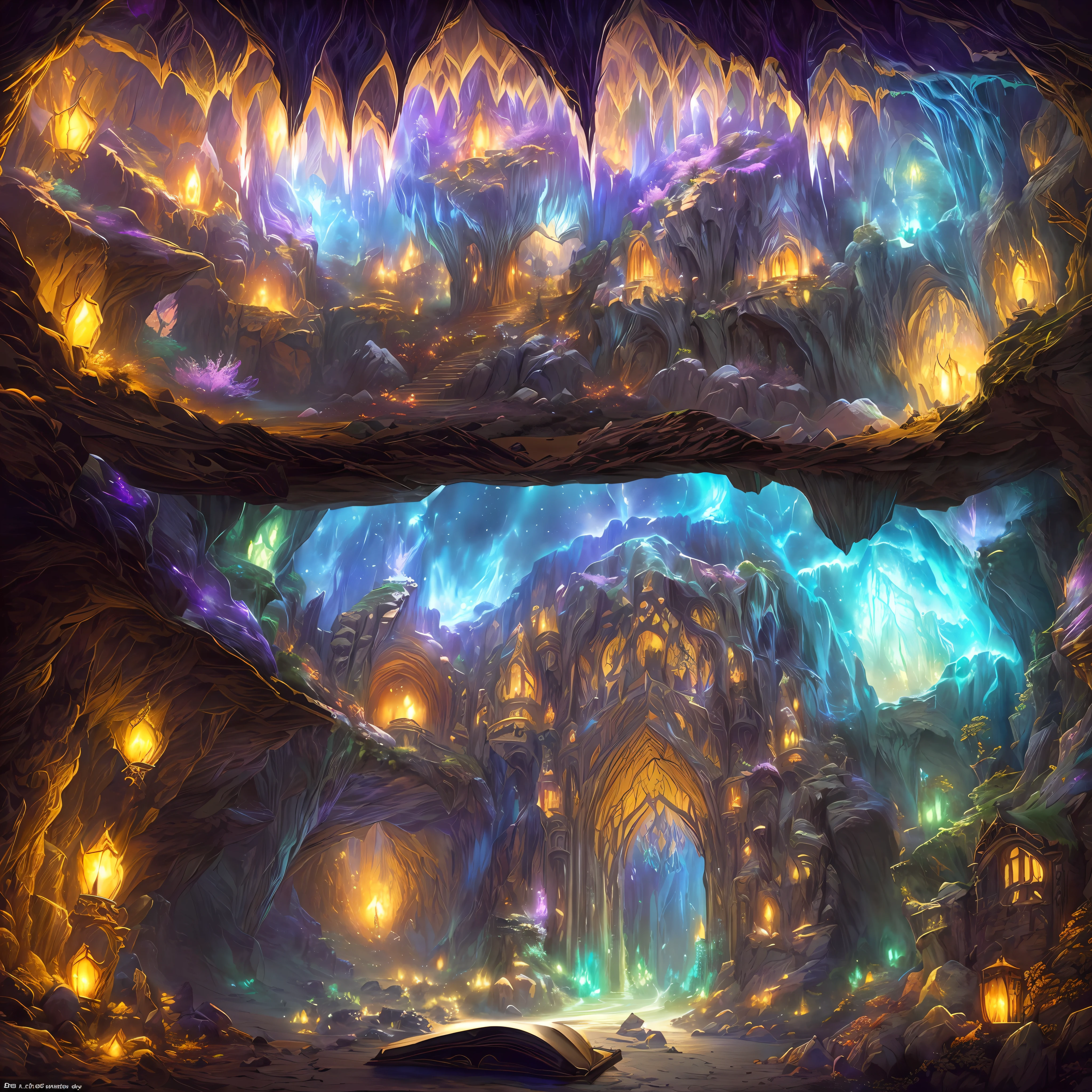 a book is sitting on a table in front of a cave, beautiful fantasy cave scene, highly detailed fantasy art, magical cave, detailed fantasy illustration, detailed fantasy digital art, detailed fantasy art, symmetrical epic fantasy art, detailed digital 2d fantasy art, beautiful detailed fantasy, magic fantasy highly detailed, magical environment, magical concept art, magical fantasy 2 d concept art