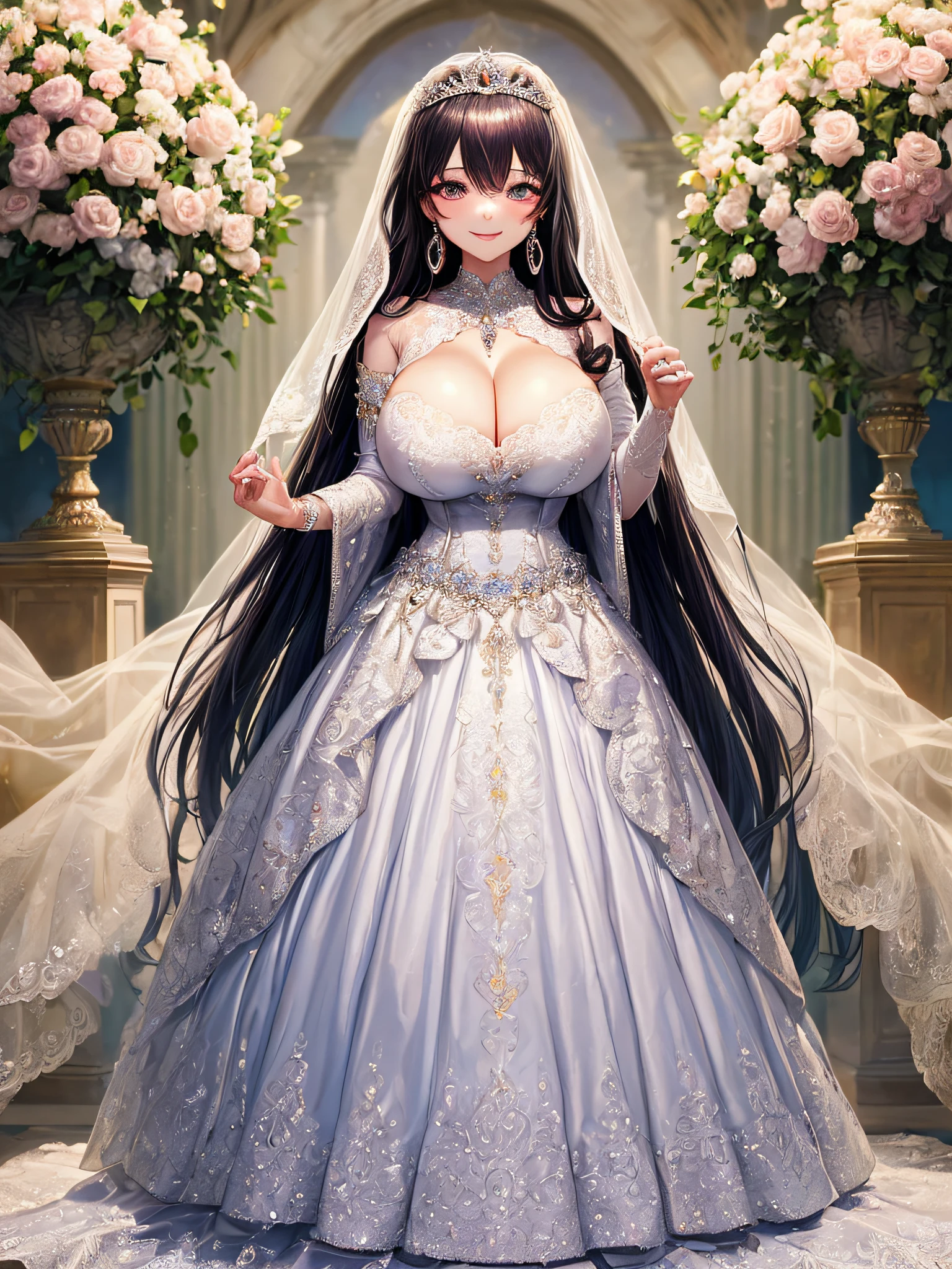 (masterpiece, best quality:1.2),1girl, (solo), cute, kawaii,digital art,((1 princess wearing beautiful embroidery and jeweled gorgeous wedding dress with voluminous full length hoop skirt)),crinoline,((gorgeous embroidery and beautiful lace)),(very gigantic boobs,cleavage,skindentation),((shiny hair,Bangs between eyes,voluminous straight hair,extremely Long straight Hair)),(finely detailed face and eye),smile,extremely gorgeousfull jeweled tiara,((bling-bling gorgeous gemstone jewelry)),long wedding veil,((standing in beautiful garden)),flowers,flower petals flowing,((beautiful embroidery and jeweled gorgeous wedding dress with voluminous full length hoop skirt))