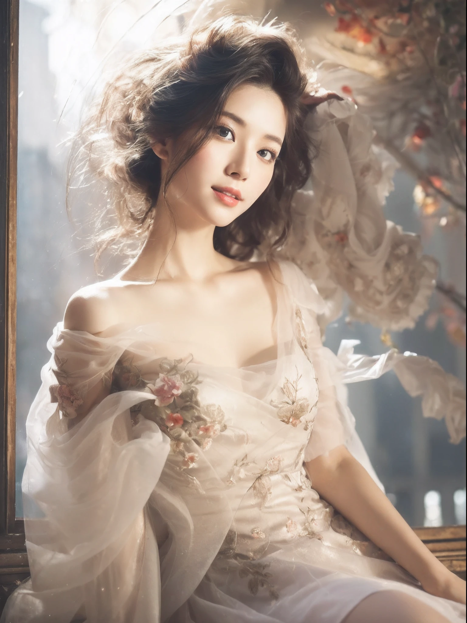 (8K, RAW photo, Photorealistic:1.25) ,( Gloss on lips,glossy finish, Glossy glossy skin, Best quality, 超A high resolution, color difference, Caustics, Wide light, naturalshadow) look with serenity and goddess-like bliss to the spectators,(depth of fields:1.6), (colorful unfocused lights on background:1.2) ,very natural make-up,Cloudy day shooting . slender eyes.downcast eyes. A distant look in her eyes、Smile,(Gorgeous summer dress)(Fashion professional model)、Radio City、Medium hair