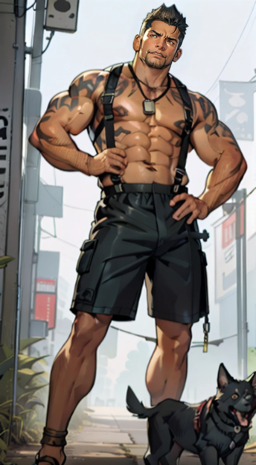 Mature male,45 yers old,short detailed hair,Slag,musculous,vast pecs,Wide shoulders,Thick-breasted,Huge crotch bulge,leather harness,tight leather shorts,Suspenders,torn laundry,Bare pectoral muscles,dog tags,anklet,Indecent expressions,Indecent pose,Male gaze,tmasterpiece,High- sharpness,high detal,full bodyesbian,in a panoramic view,