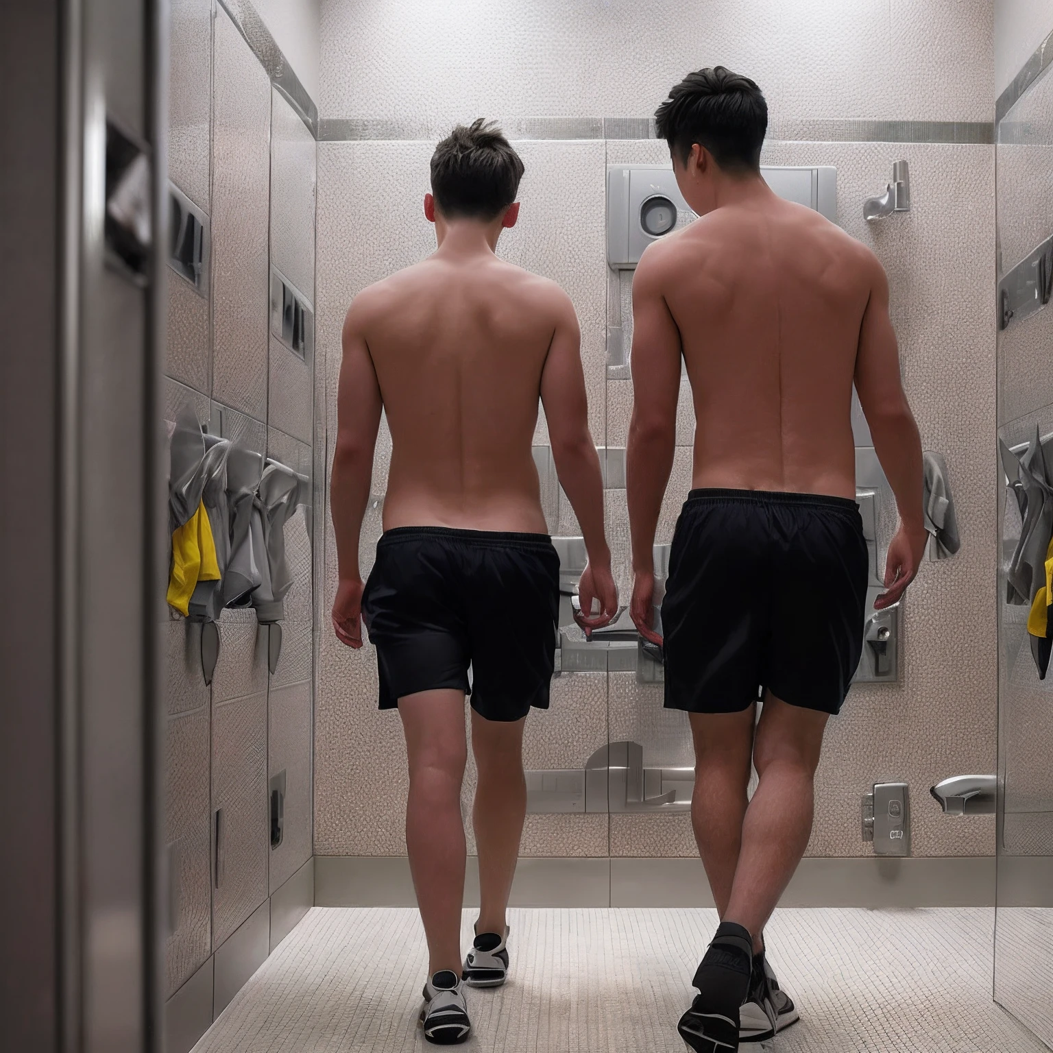 Couple of beautiful young men, of different ethnicities, semi-naked in a school only for Men, with firm pectorals (schoolboy male: 1.6) with (school clothes, shorts: 1.2) and (without underwear: 1.4) and a sports school uniform, in the (men's dressing room, men's locker room: 1.2) (in school showers: 1.2) (school classrooms: 1.2), (School carpet: 1.2), (rich: 1.4), (erotic: 1.2), sensual, lascivious male, seductive, exciting, submissive, domineering, fearful, disturbing, perversely sexual, sexy, men only, (romantic: 1.2), moody and atmosphere with luminous background, lens rich colors realistic texture hyper-realistic spectacular lighting based on a bathroom with unreal engine, cinestill 800 t eastmancolor, 8k UHD, DSLR, dim lighting, high quality, film grain, Fujifilm XT3, Gay