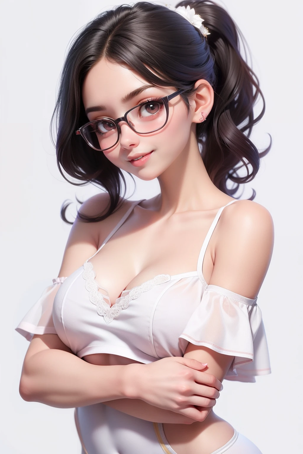 1 girl (20yo) glasses, upper body, cute face, sexy pose, naugthy face, cleavage, navel, short top, off shoulder, seductive smile, wear ballet costume, white background