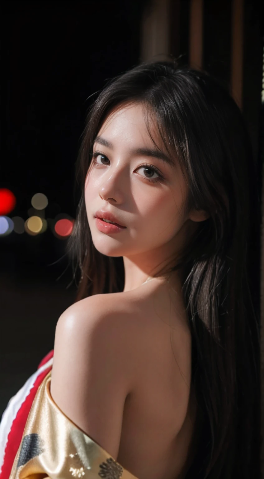 Best quality, masterpiece, ultra high res, (photorealistic:1.5), raw photo, 1girl, glittering kimono,Japan festival background , deep shadow, low key, cold light, sexy look, long hair